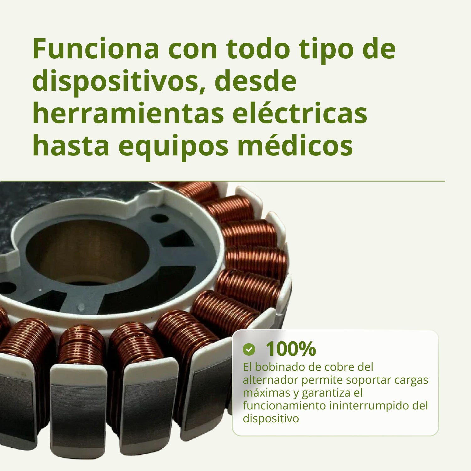 Obraz przedstawia element elektryczny z miedzianym okablowaniem. Tekst w języku hiszpańskim mówi, że działa z urządzeniami od narzędzi po sprzęt medyczny.