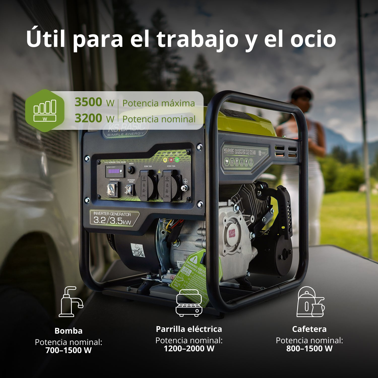 Generator stoi na stole. Etykiety pokazują moc i potencjalne zastosowania, takie jak pompa, grill elektryczny i ekspres do kawy.