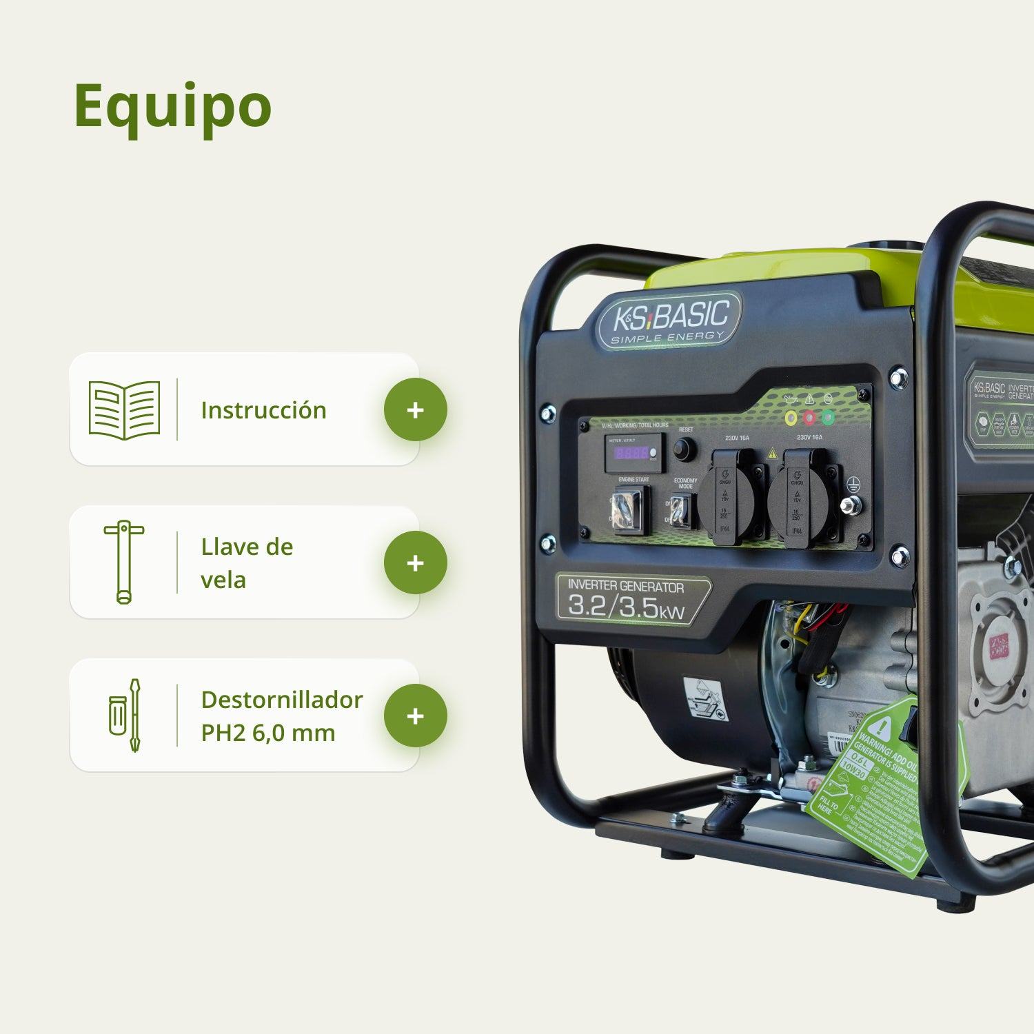 Generator z czarną ramą, zielonymi akcentami i panelem sterowania. Zawiera ikony instrukcji, klucza i śrubokręta.