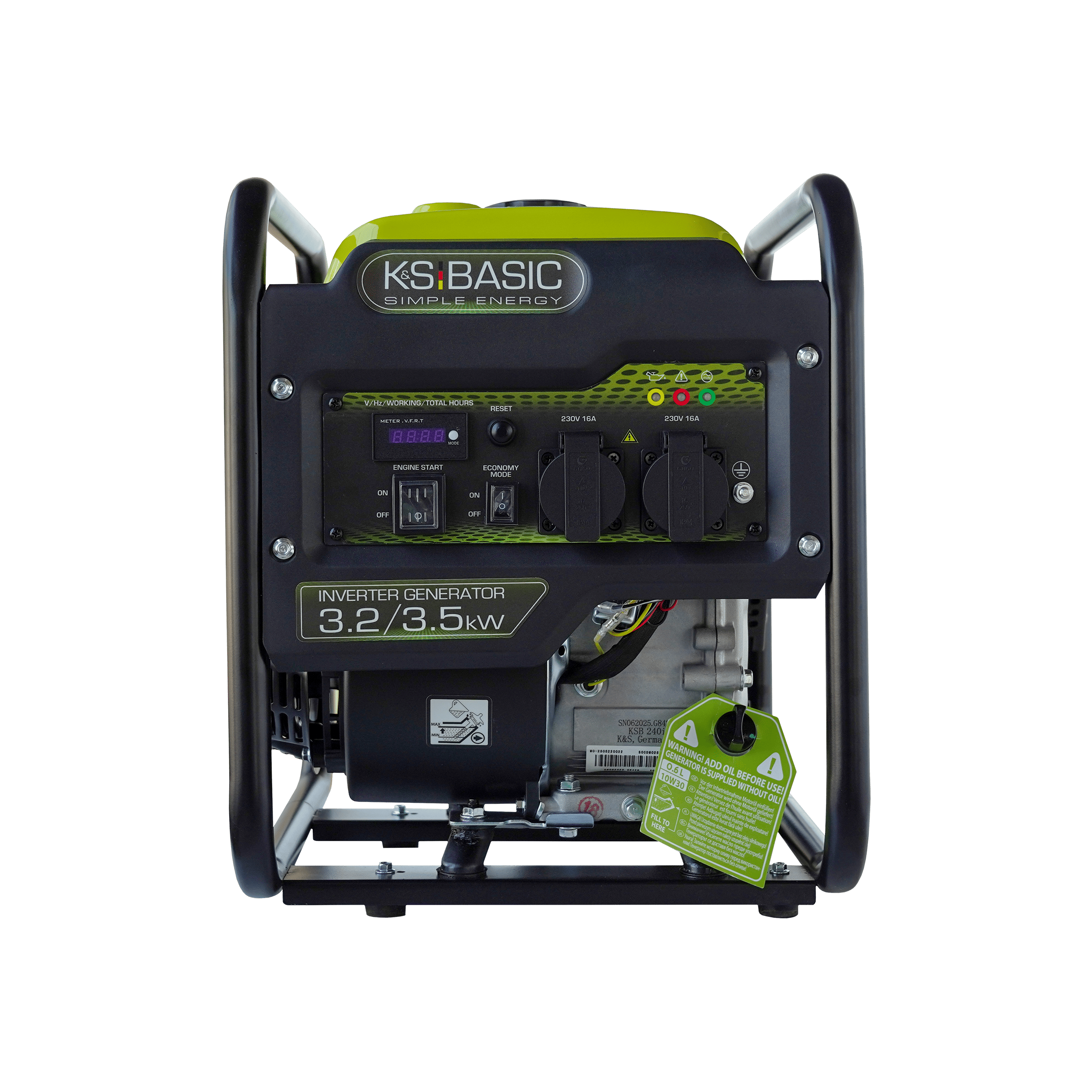 Generator z czarną ramą, zielonym blatem i panelem sterowania. Dołączona etykieta ostrzegawcza.