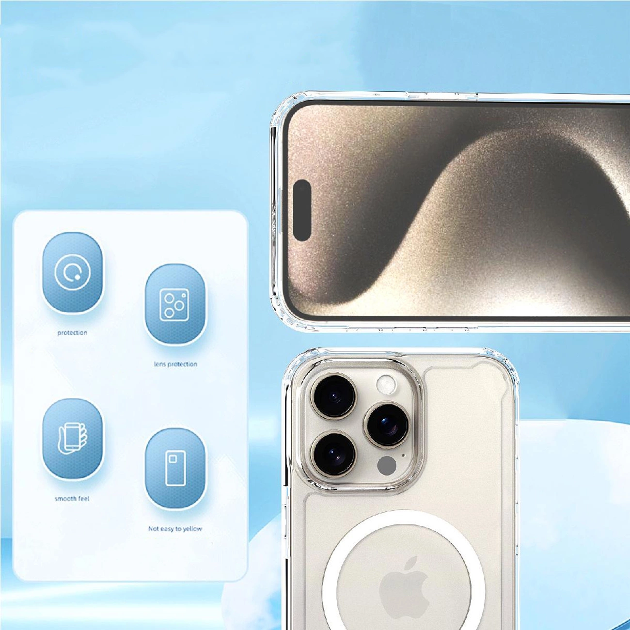 Custodia trasparente per telefono. Caratteristiche: protezione lenti, sensazione liscia e non ingiallisce. iPhone con logo Apple sulla custodia.
