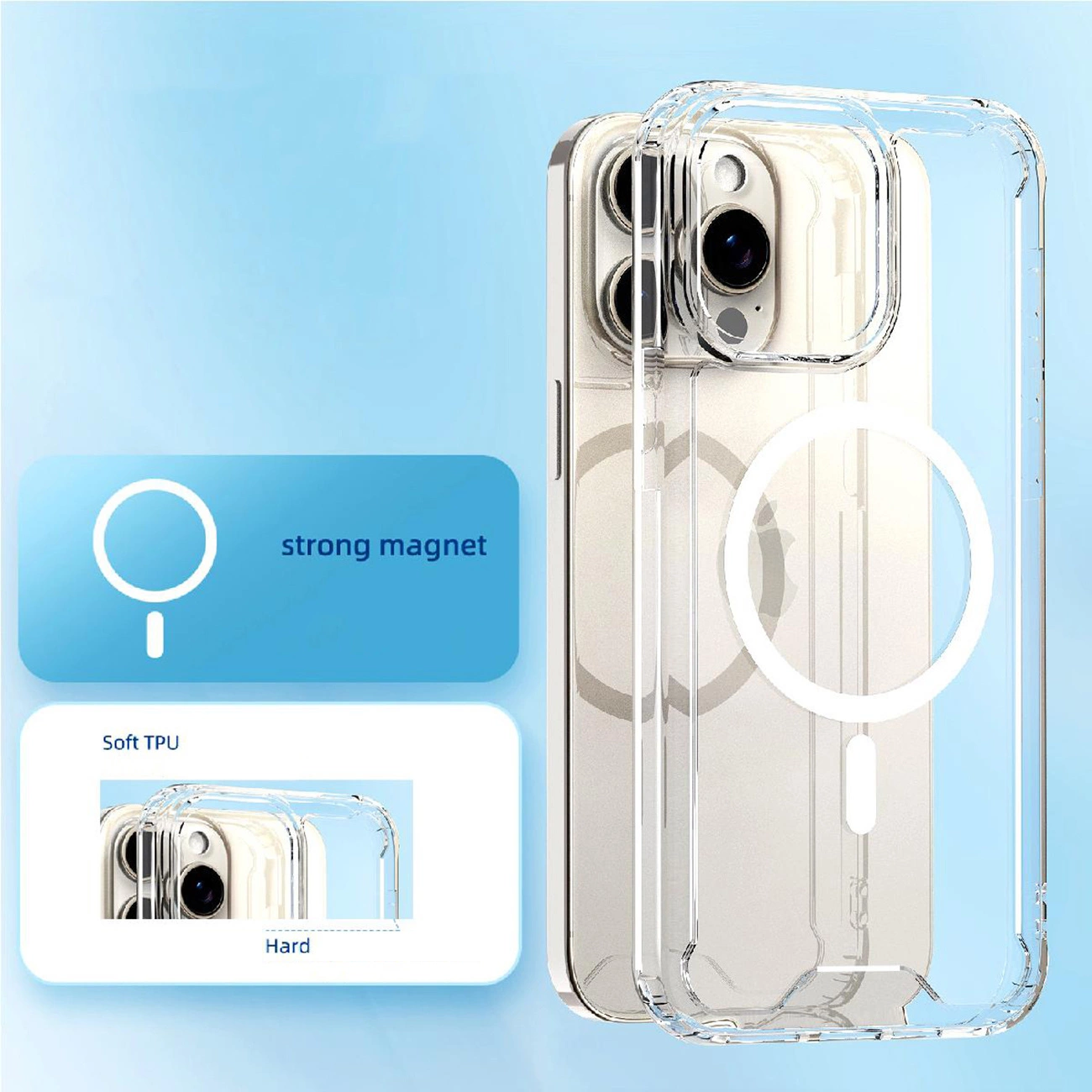 Custodia trasparente per telefono con design a magnete potente, che mostra il retro del telefono. Include indicazioni per 'magnete potente' e 'TPU morbido'.