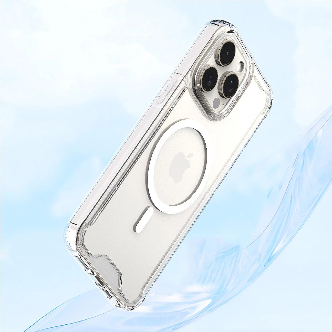 Custodia trasparente per telefono con MagSafe, mostra la fotocamera e il logo Apple. Sfondo sfumato blu e bianco.