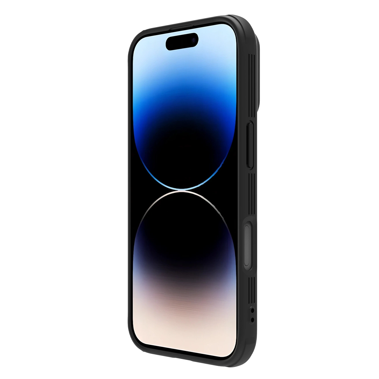 Uno smartphone nero in una custodia, visto frontalmente. Lo schermo mostra una sfumatura blu e nera. Il lato ha pulsanti e una porta di ricarica.