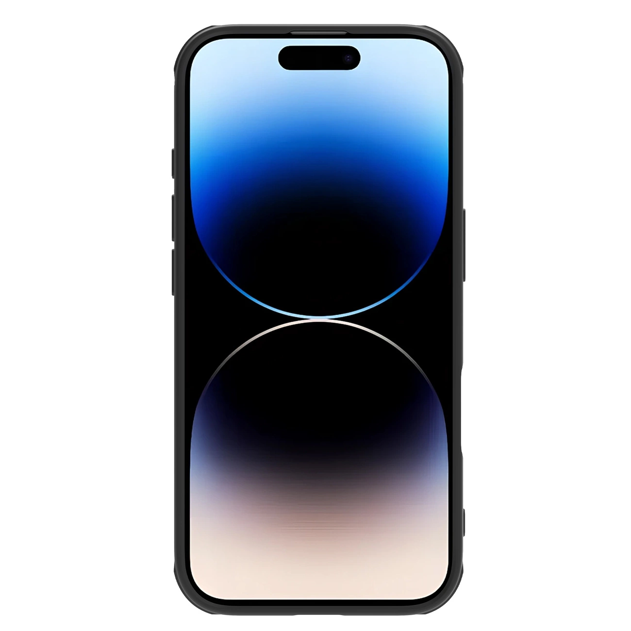 Uno smartphone, custodia nera, schermo che mostra una sfumatura di blu e nero. Il telefono ha un notch in alto.