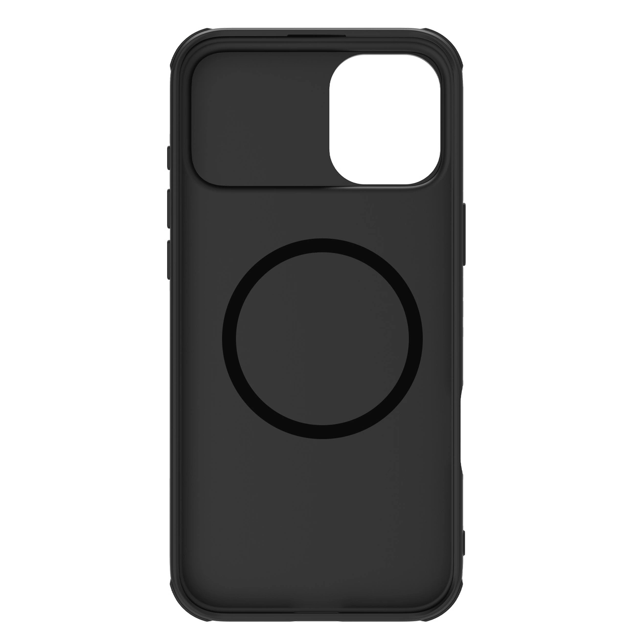 Una custodia per telefono nera con un ritaglio per la fotocamera e un anello magnetico circolare sul retro.