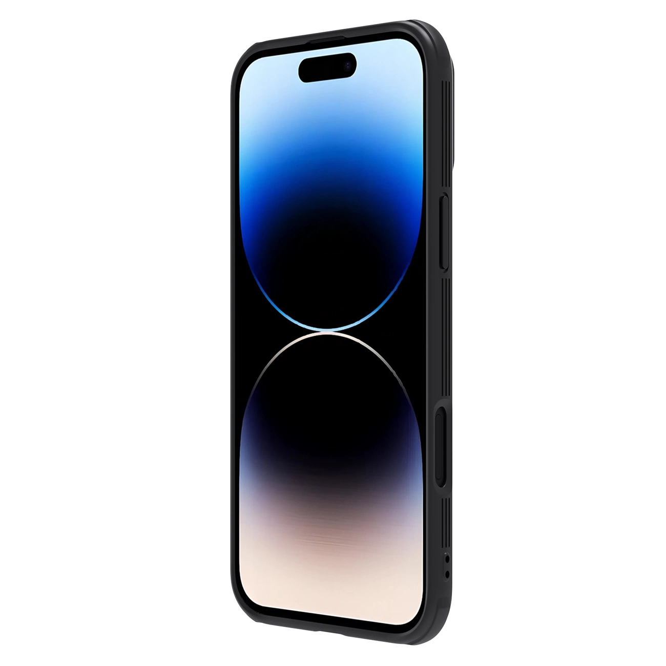 Viene visualizzato un iPhone nero con custodia. Lo schermo mostra una sfumatura blu e nera. Il telefono è inclinato verso destra.