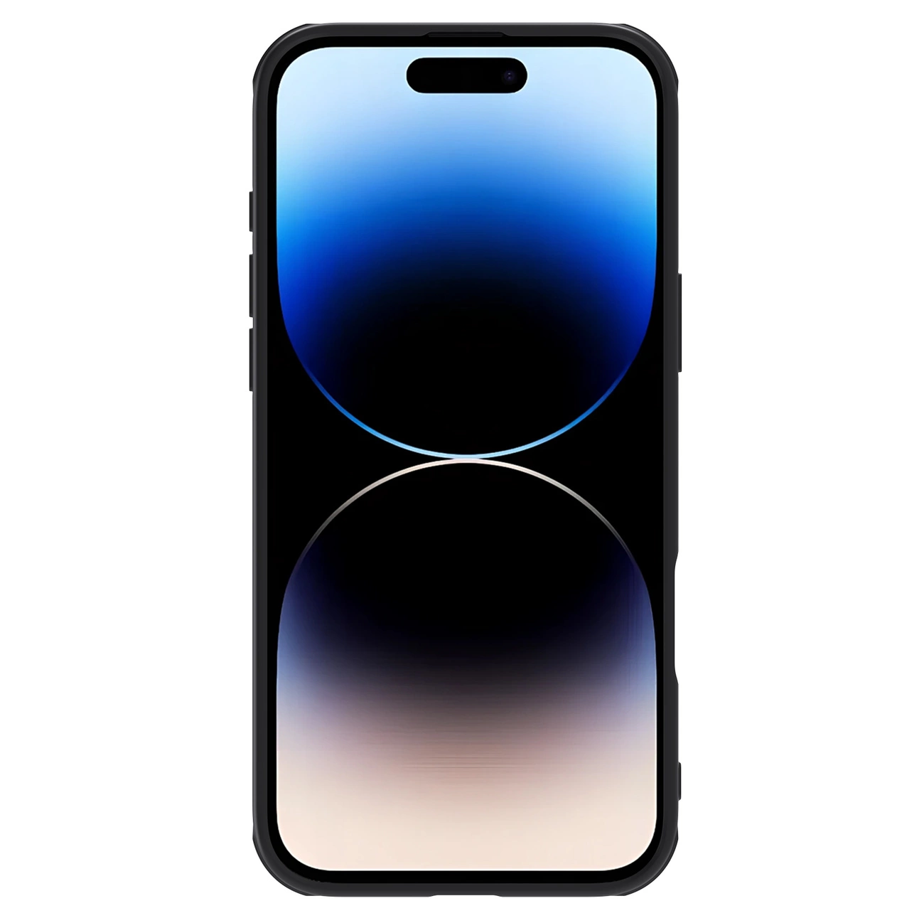 Uno smartphone con cornice nera e schermo che mostra una sfumatura di blu, nero e beige.