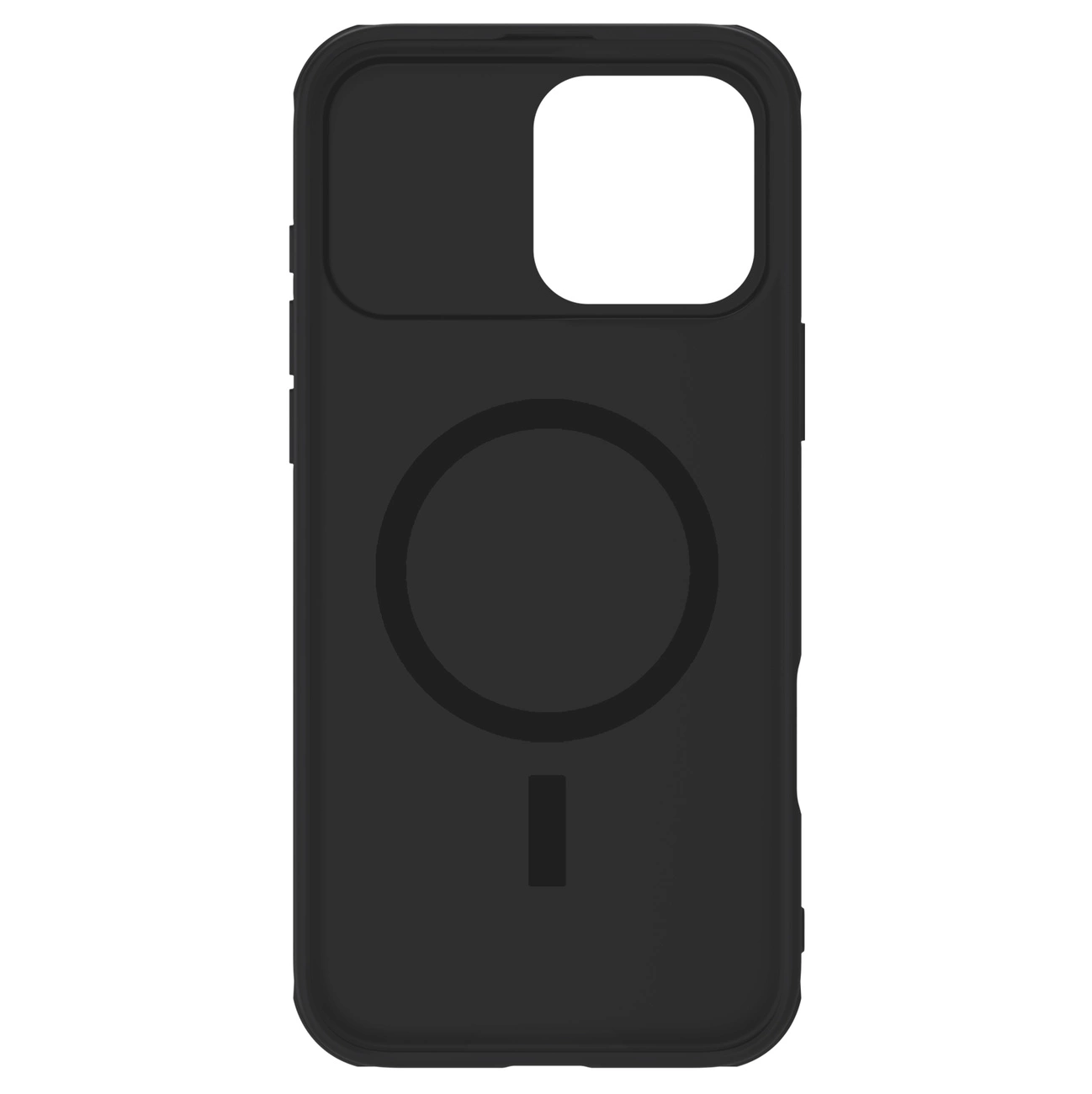 Custodia per telefono nera con ritaglio per fotocamera e cerchio magnetico. Ha un ritaglio rettangolare per la fotocamera e un bordo rialzato.