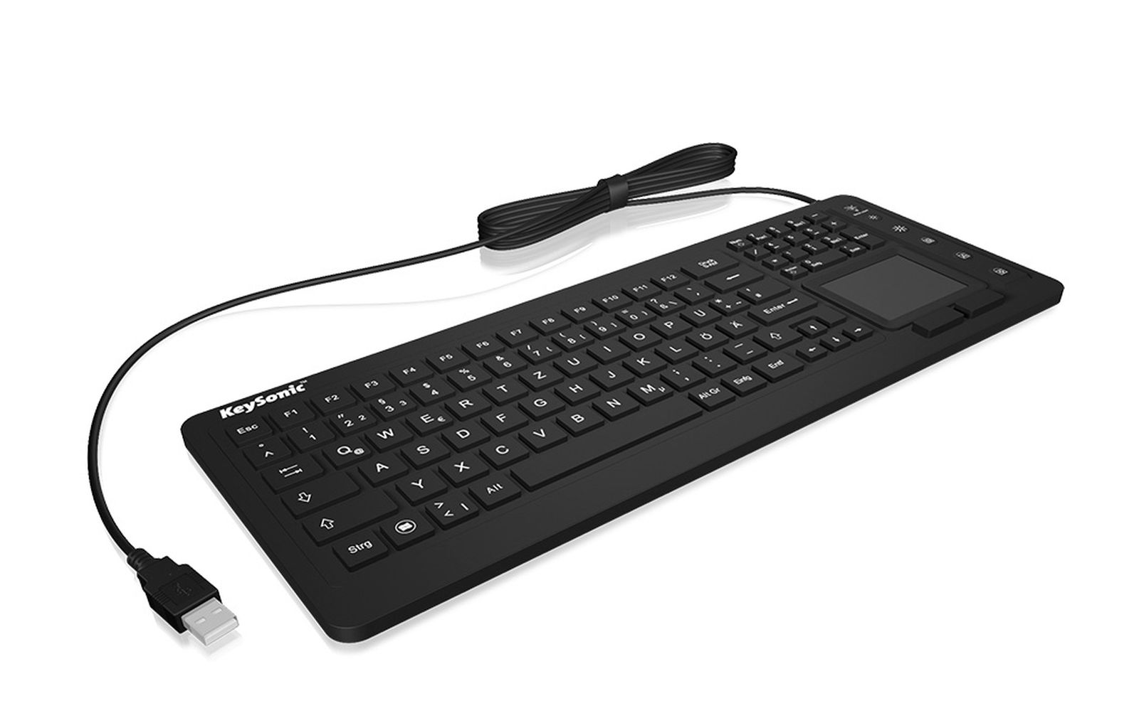 Eine schwarze Keysonic-Tastatur mit Touchpad und USB-Kabel. Tasten und Buchstaben sind sichtbar. Die Tastatur liegt auf weißem Grund.