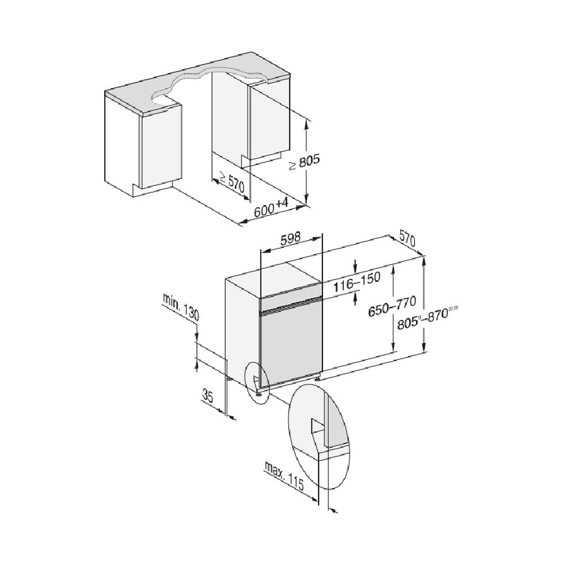 Diagramma con le dimensioni di un elettrodomestico da cucina, comprese le misure di altezza, larghezza e profondità, indicate da frecce e numeri.