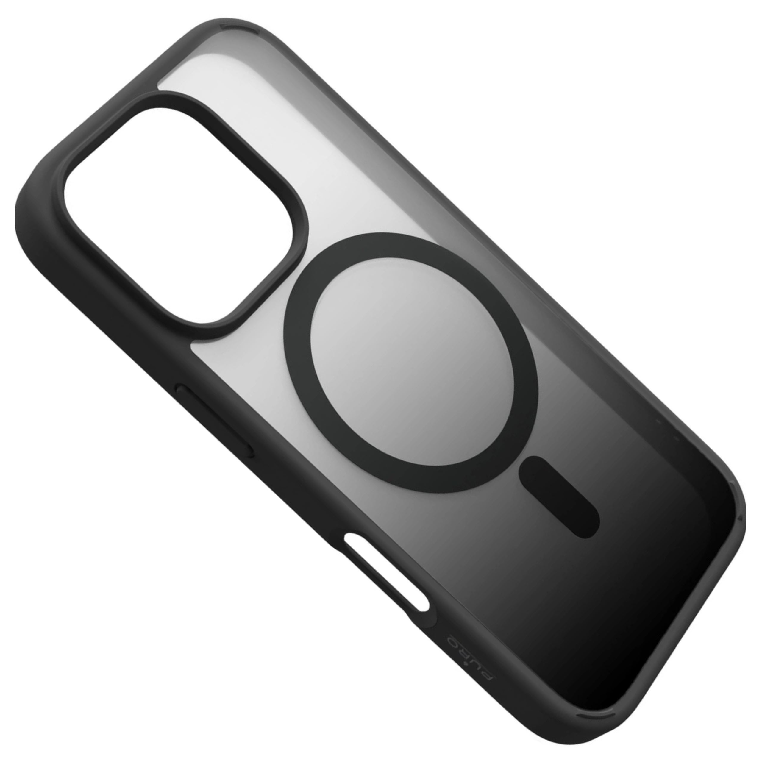 Eine klare Handyhülle mit schwarzem Rahmen und einem MagSafe-Kreis. Die Rückseite ist transparent.