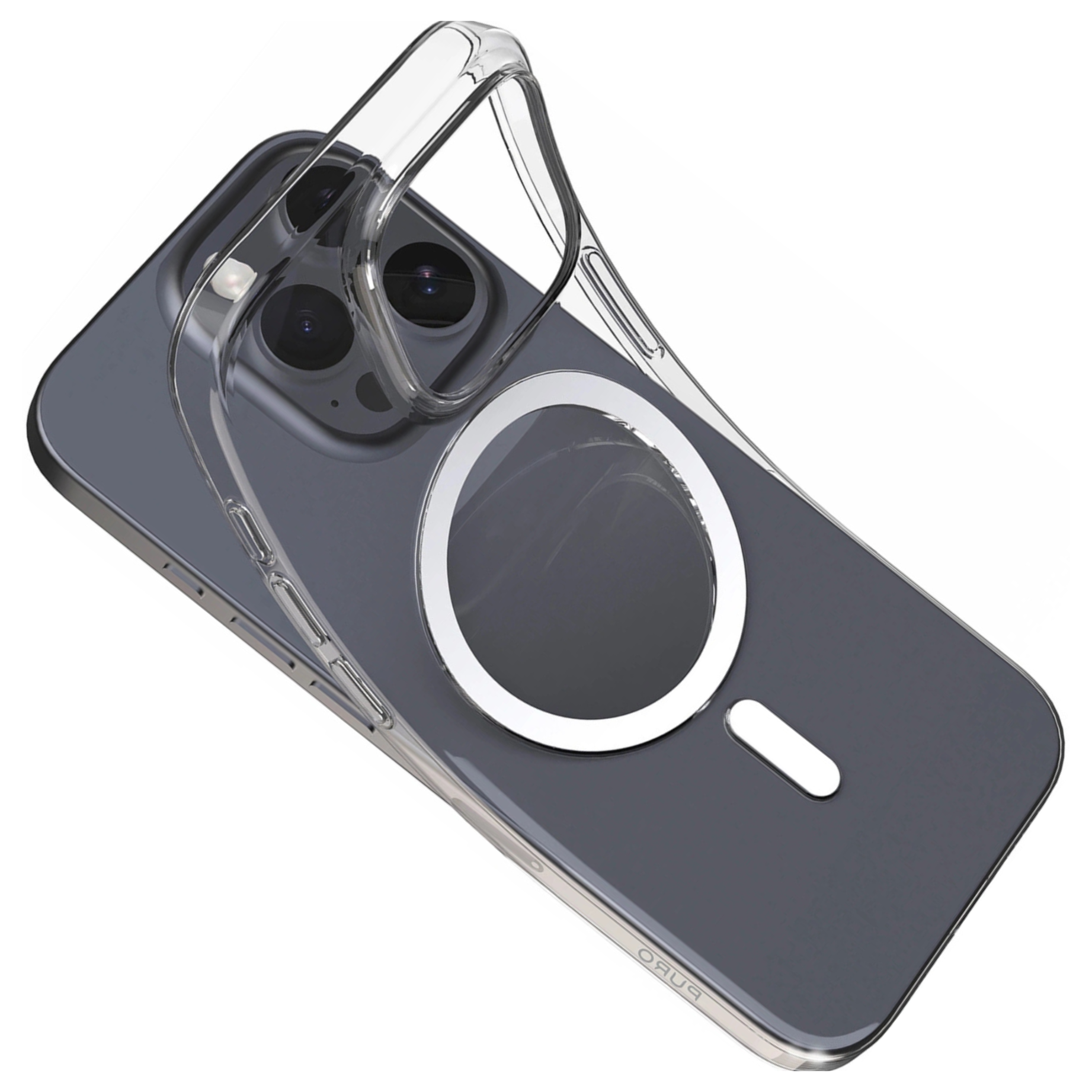 Transparente Handyhülle auf dunklem Telefon. Die Hülle ist transparent mit Magnetring und Kameraausschnitt. Das Telefon hat einen silbernen Rahmen.