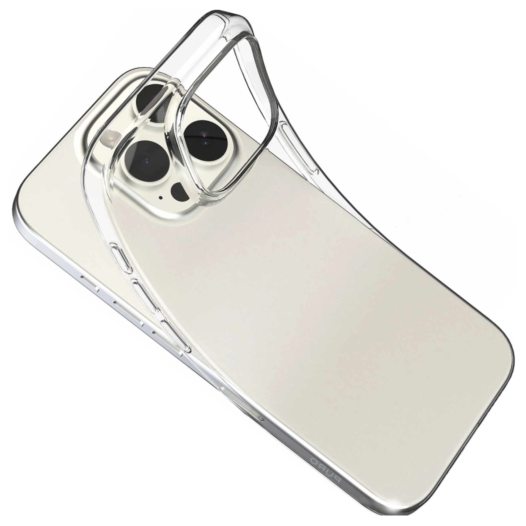 Custodia trasparente per telefono su un telefono argentato. La custodia è trasparente, mostrando il retro e le lenti della fotocamera.