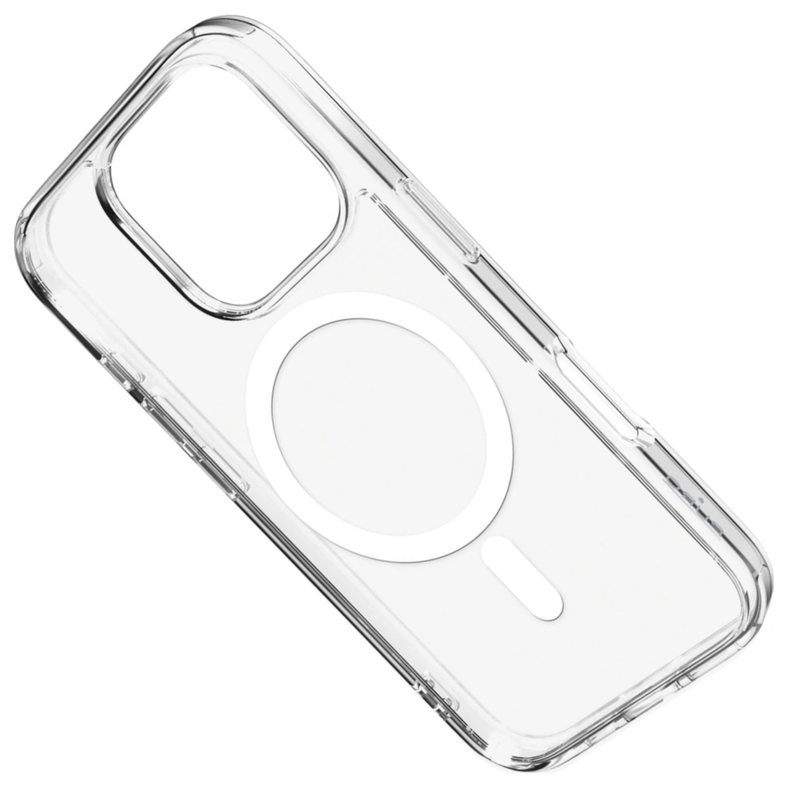 Una custodia trasparente, leggermente angolata, con un cerchio MagSafe e un ritaglio per la fotocamera.