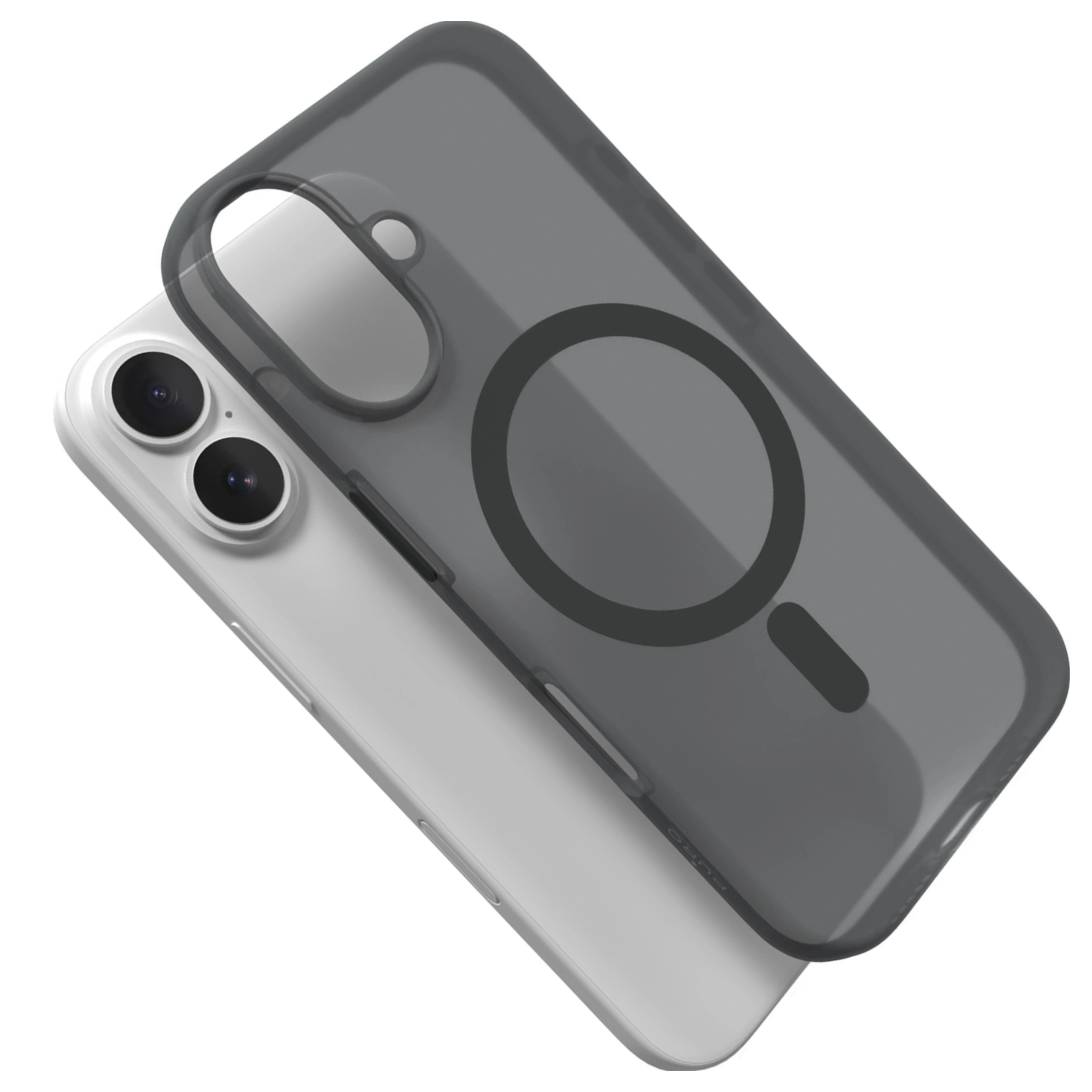 Un telefono bianco con custodia grigia. La custodia ha un anello magnetico. La fotocamera del telefono è visibile.