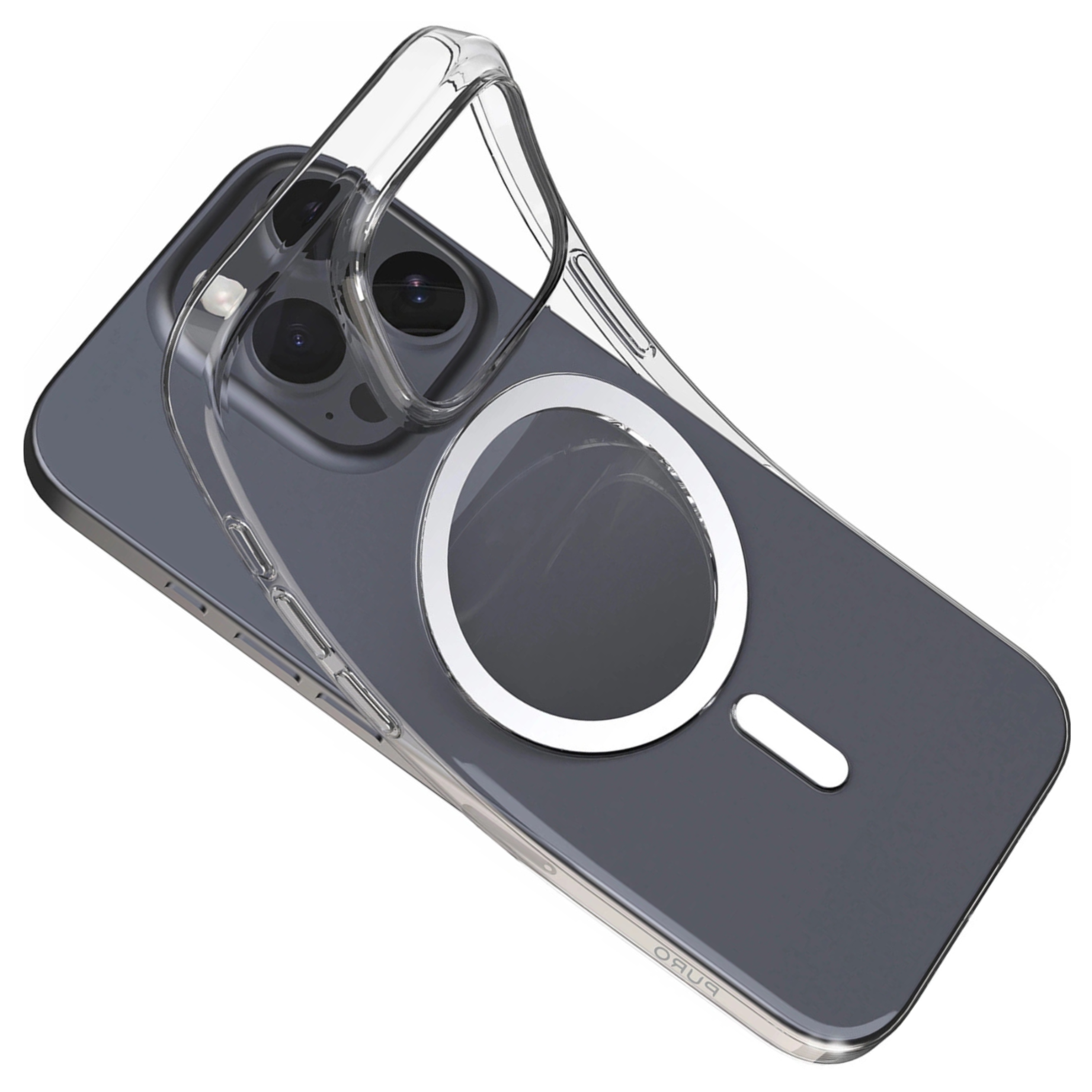 Una custodia trasparente per telefono su un telefono grigio. La custodia ha un anello magnetico bianco e protegge la fotocamera.