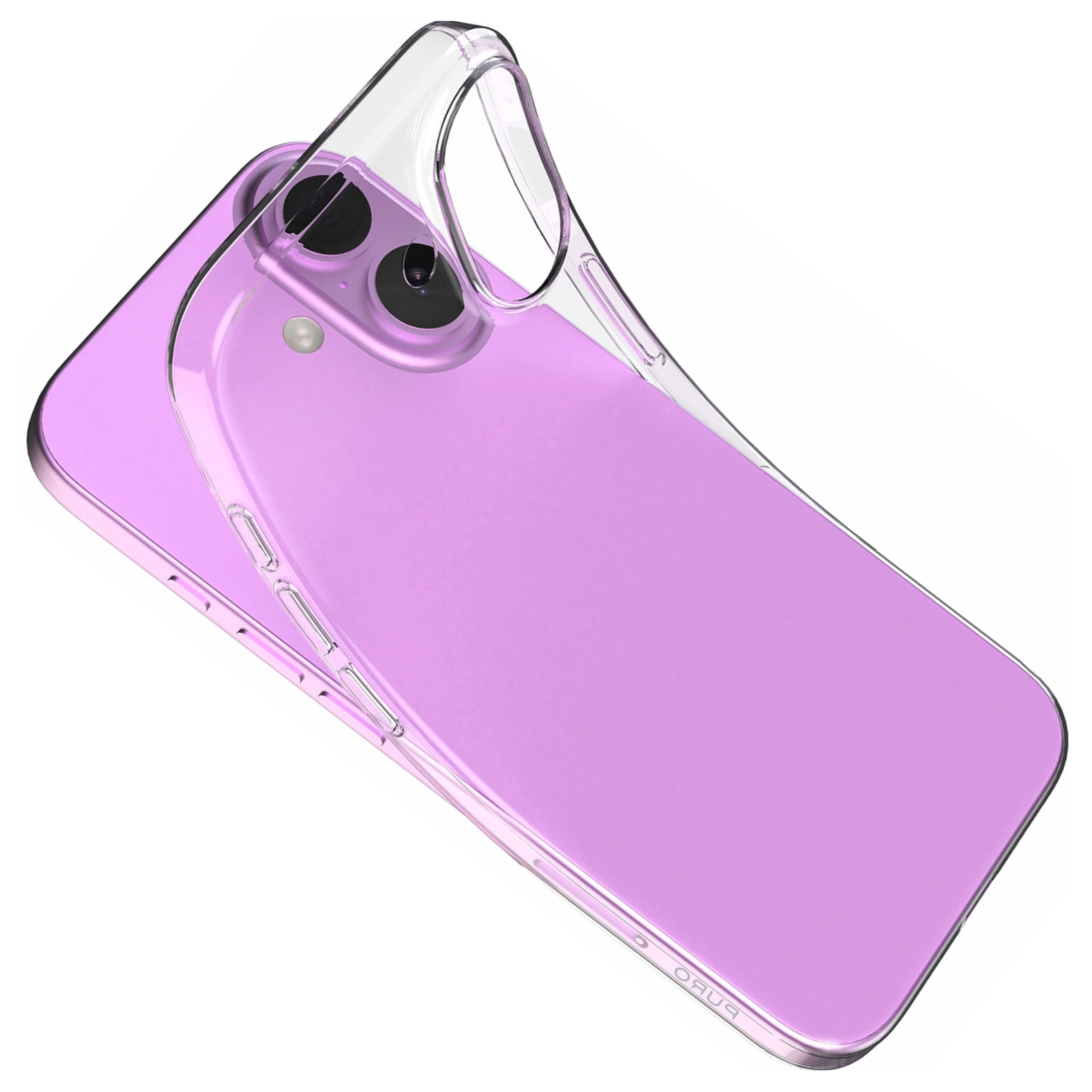 Una custodia trasparente su un telefono viola. La custodia è leggermente sollevata. Il telefono ha tre obiettivi.