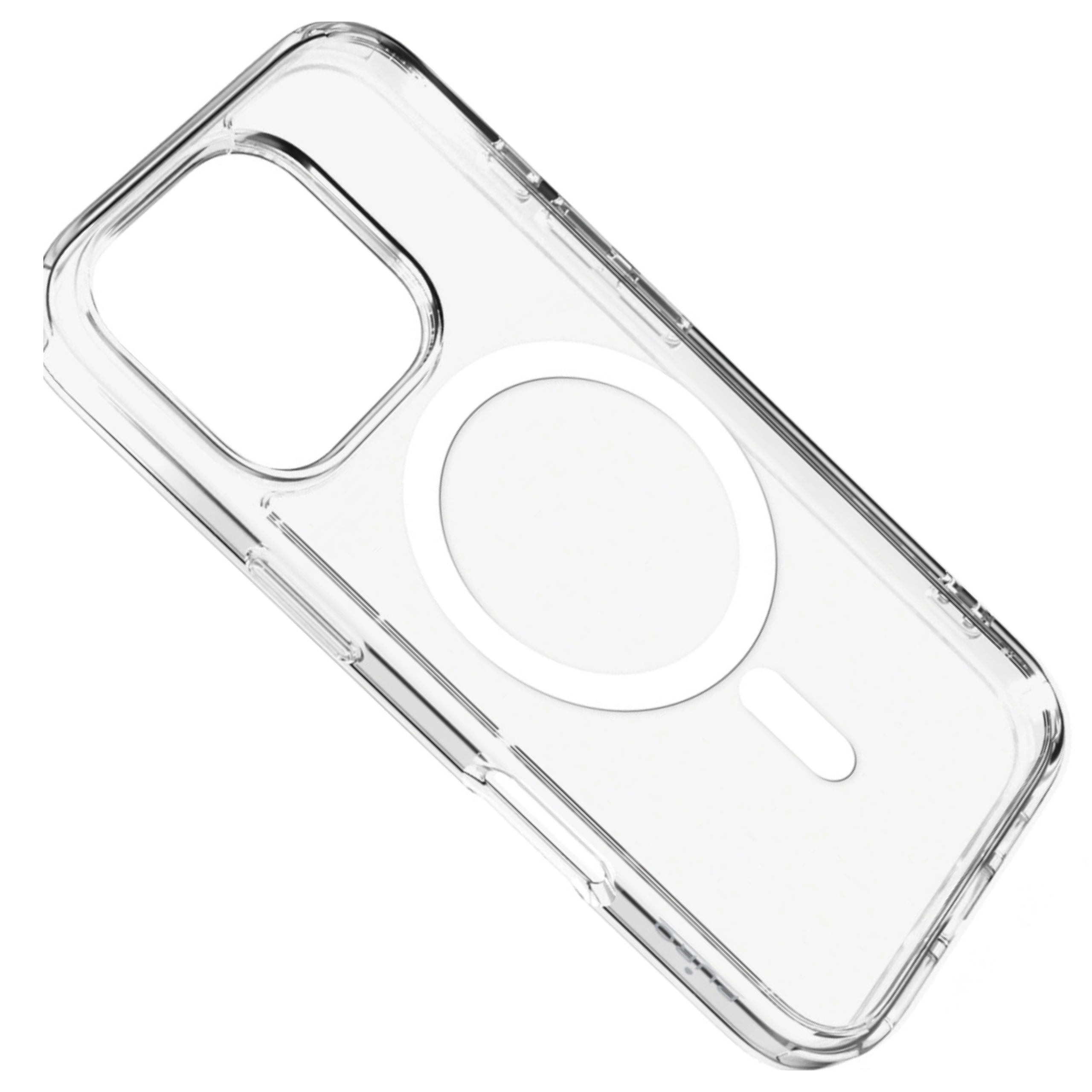 Una custodia trasparente per telefono. Ha un ritaglio per la fotocamera e un'area di ricarica magnetica circolare bianca.