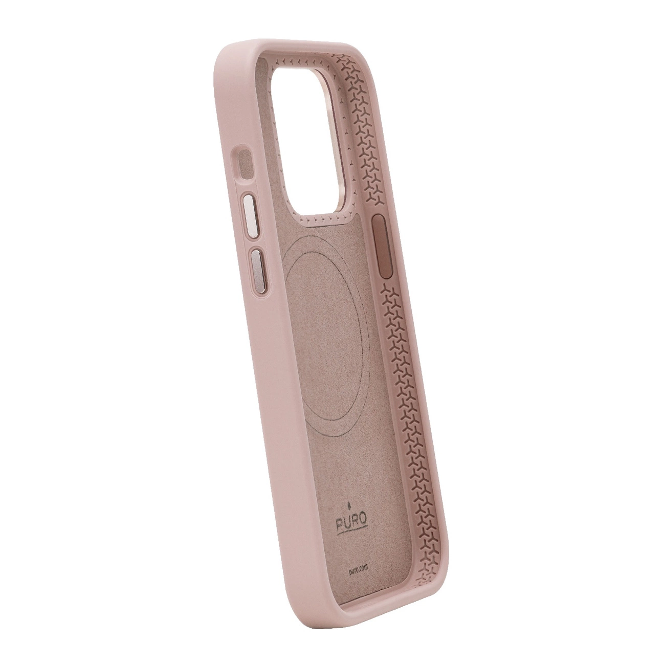 Una custodia rosa per telefono con bordo rialzato e lato strutturato. Ha un ritaglio per la fotocamera e i pulsanti. Il marchio 'PURO' è visibile.