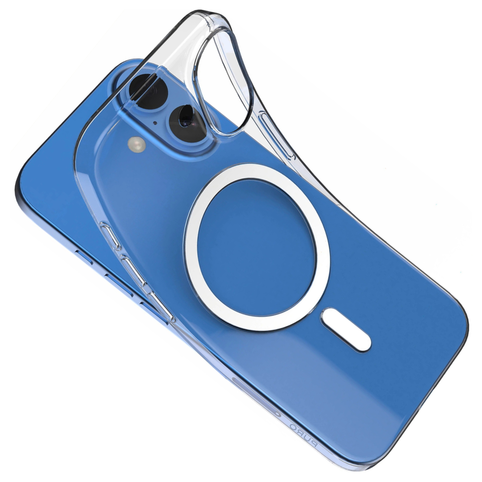 Ein blaues Telefon mit einer durchsichtigen Hülle. Die Hülle hat einen weißen Kreis und ein weißes Rechteck.