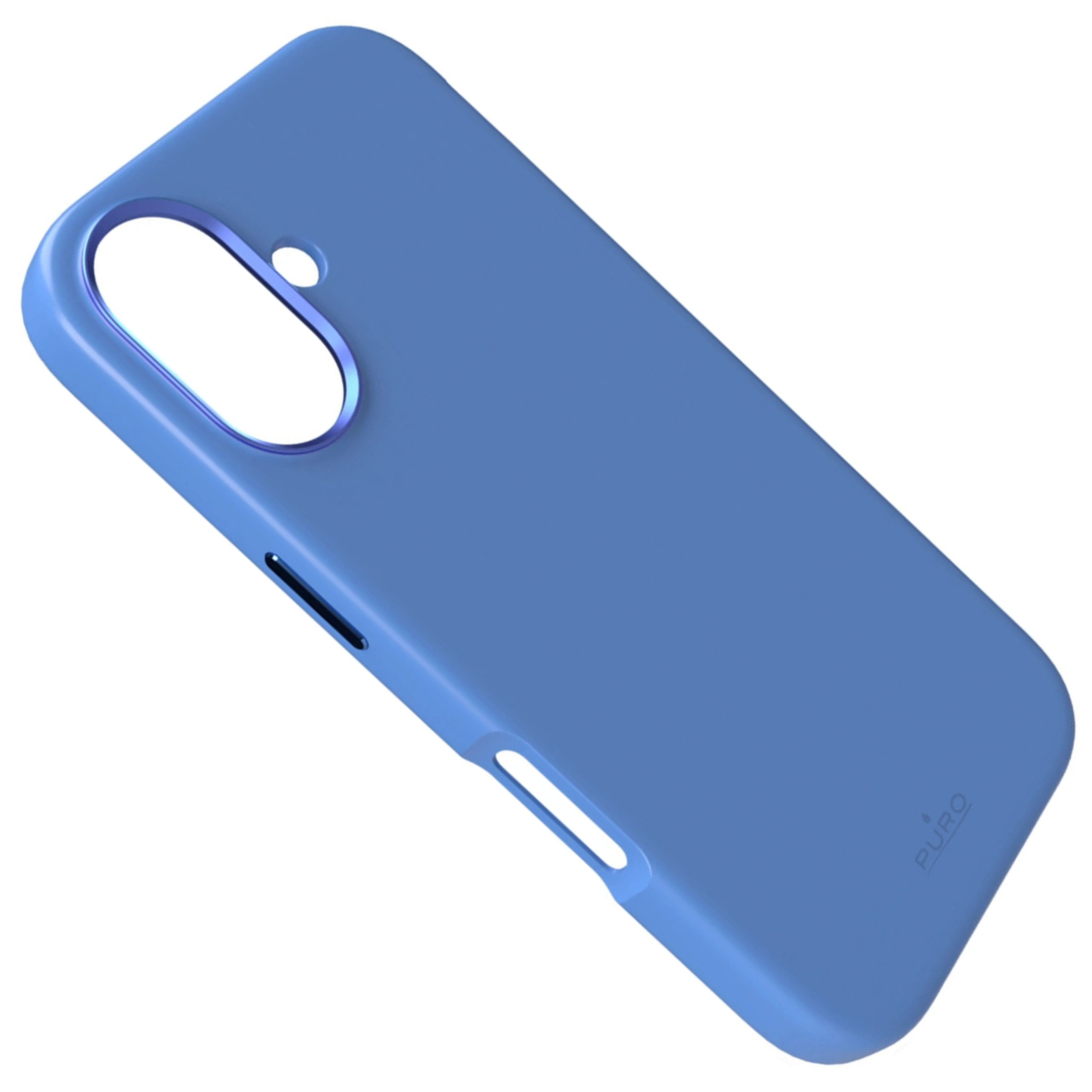 Una custodia blu per telefono con aperture per fotocamera e porte. La custodia è angolata su sfondo bianco.
