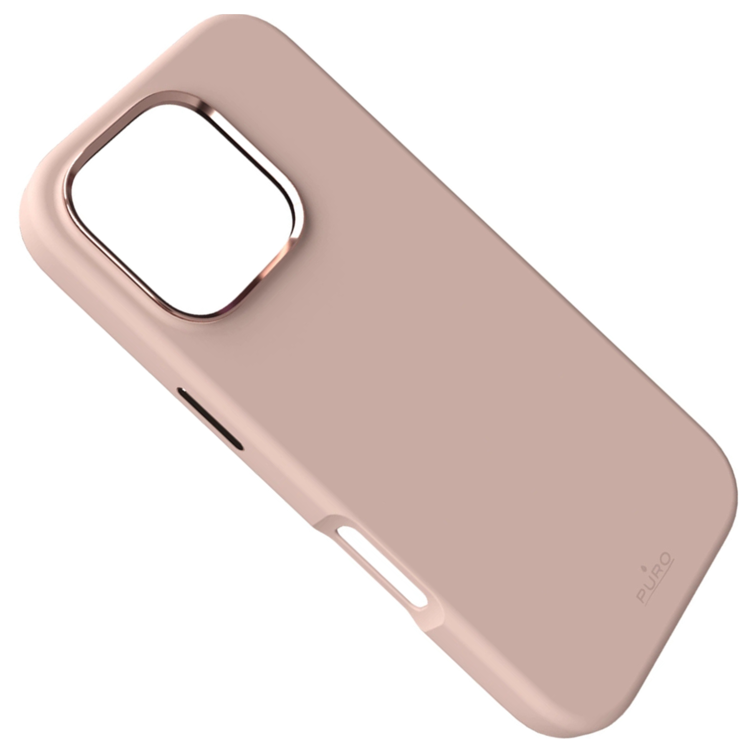 Una custodia per telefono color rosa con anello fotocamera dorato è angolata. Ha una superficie liscia e il marchio 'puro'.