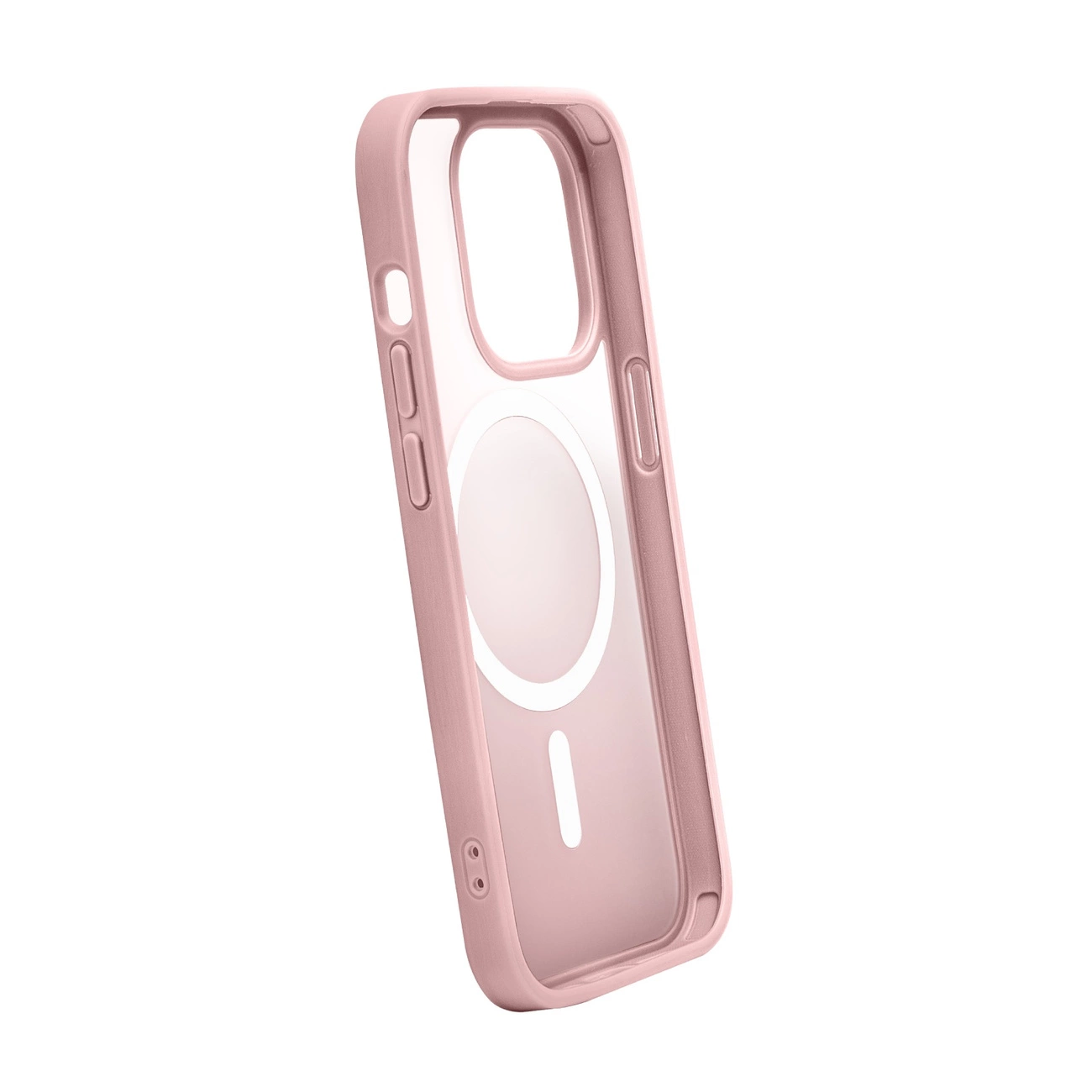 Una custodia rosa per telefono con retro trasparente e area di ricarica magnetica circolare su sfondo bianco.