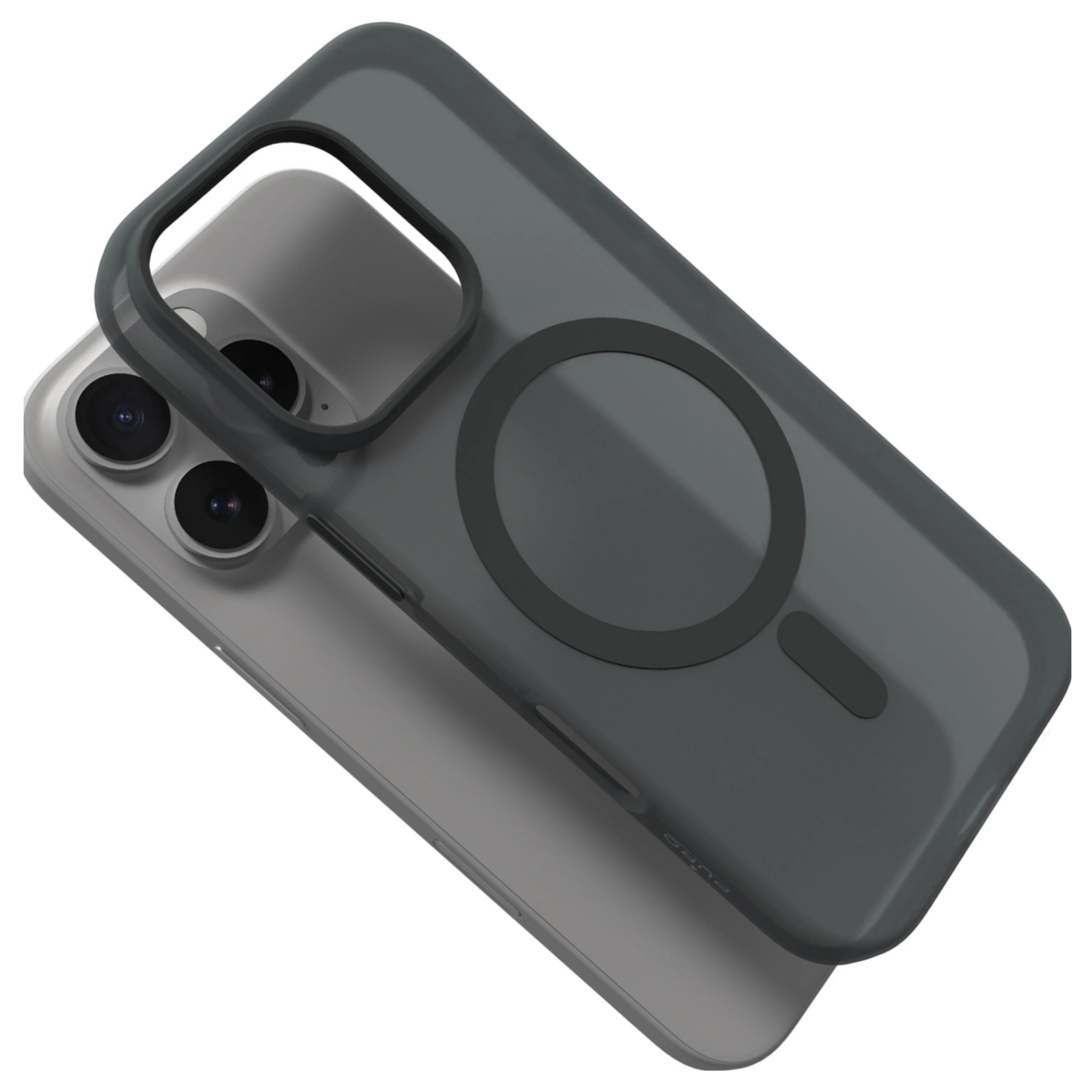 Eine graue Handyhülle auf einem silbernen Telefon. Die Hülle hat einen Magnetkreis und bedeckt die Kameralinsen.