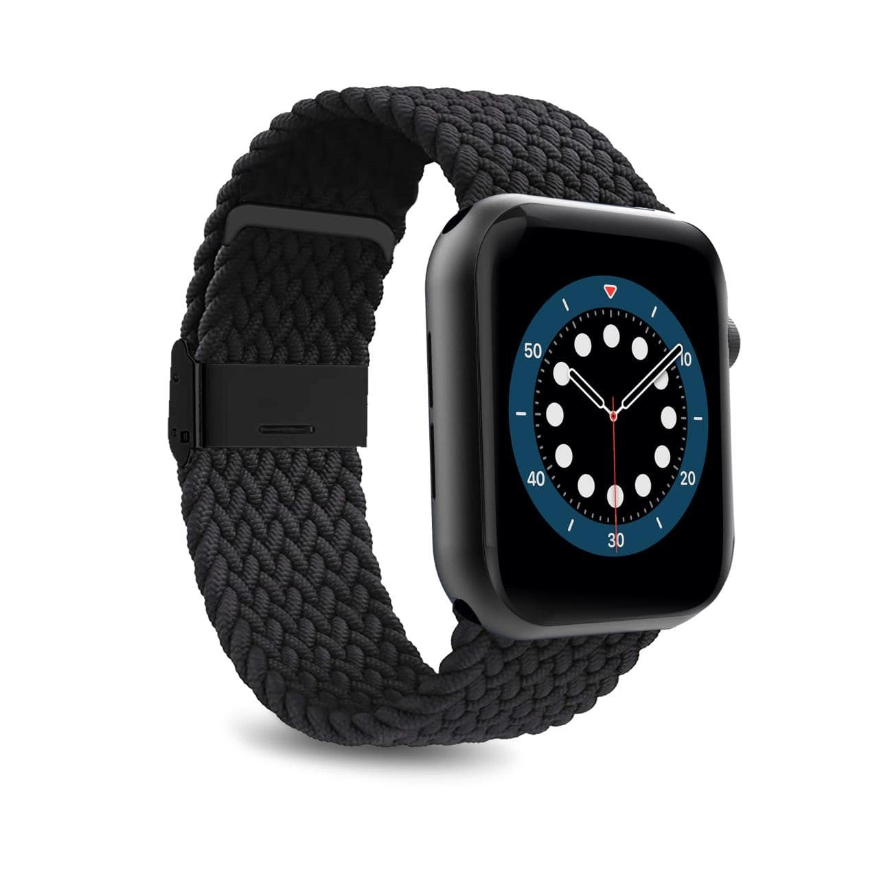 Czarny Apple Watch z czarnym, plecionym paskiem. Tarcza wyświetla godzinę.