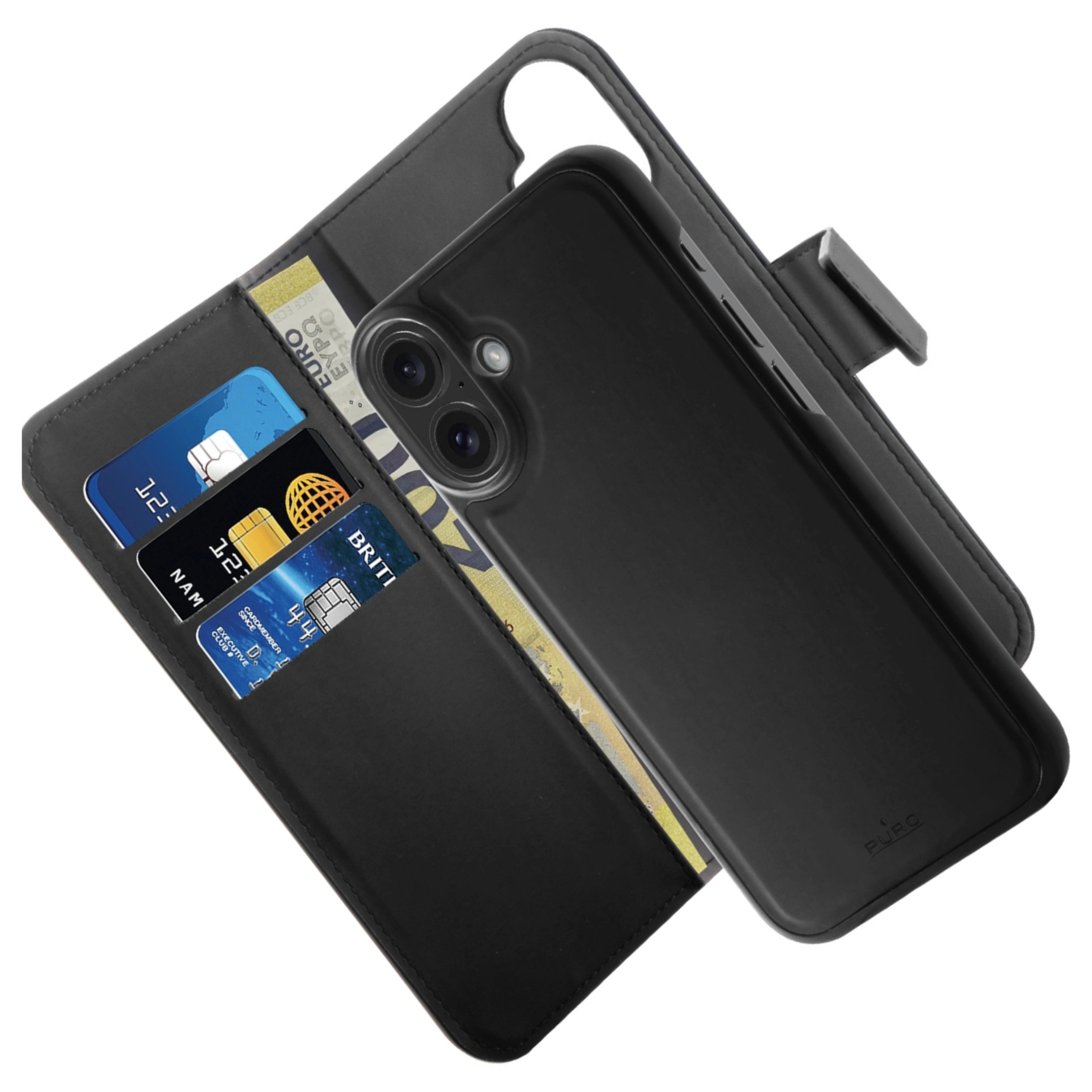 Un telefono nero in una custodia a portafoglio, carte e denaro visibili. Il portafoglio è aperto.