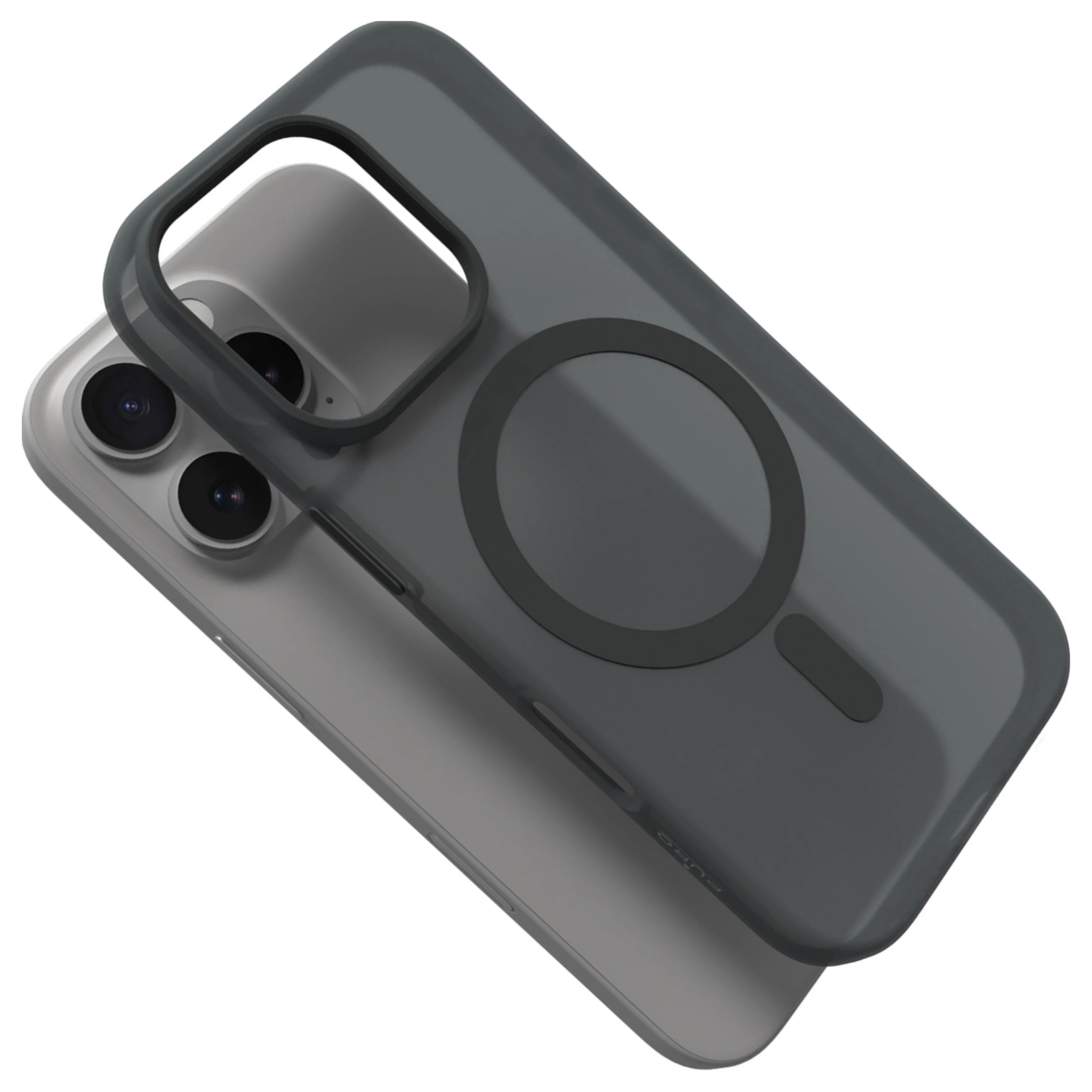 Un telefono con una custodia protettiva. La custodia è grigio scuro e copre parzialmente il telefono, rivelando le lenti della fotocamera.