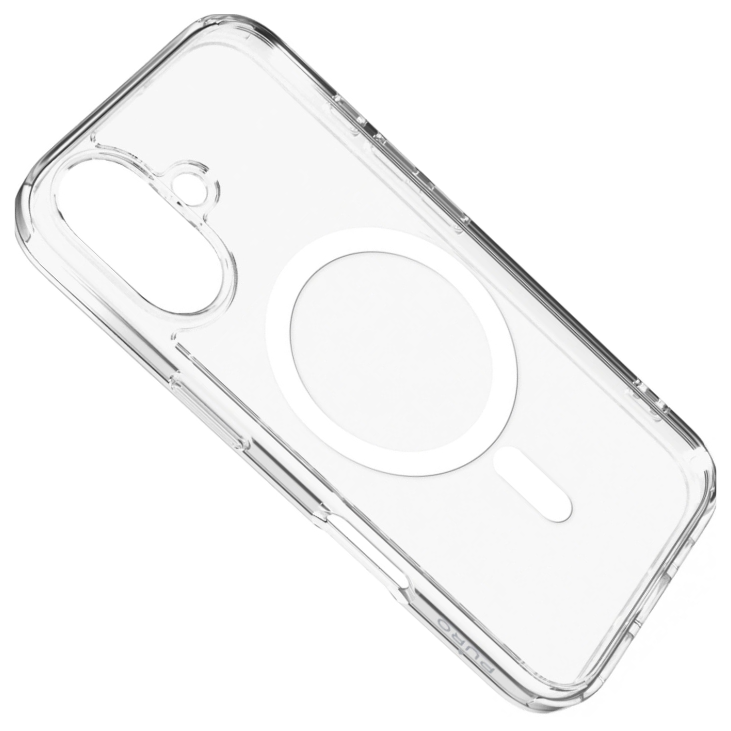 Custodia trasparente per telefono. Ha una forma rettangolare arrotondata con un cerchio bianco e un ritaglio per la fotocamera.