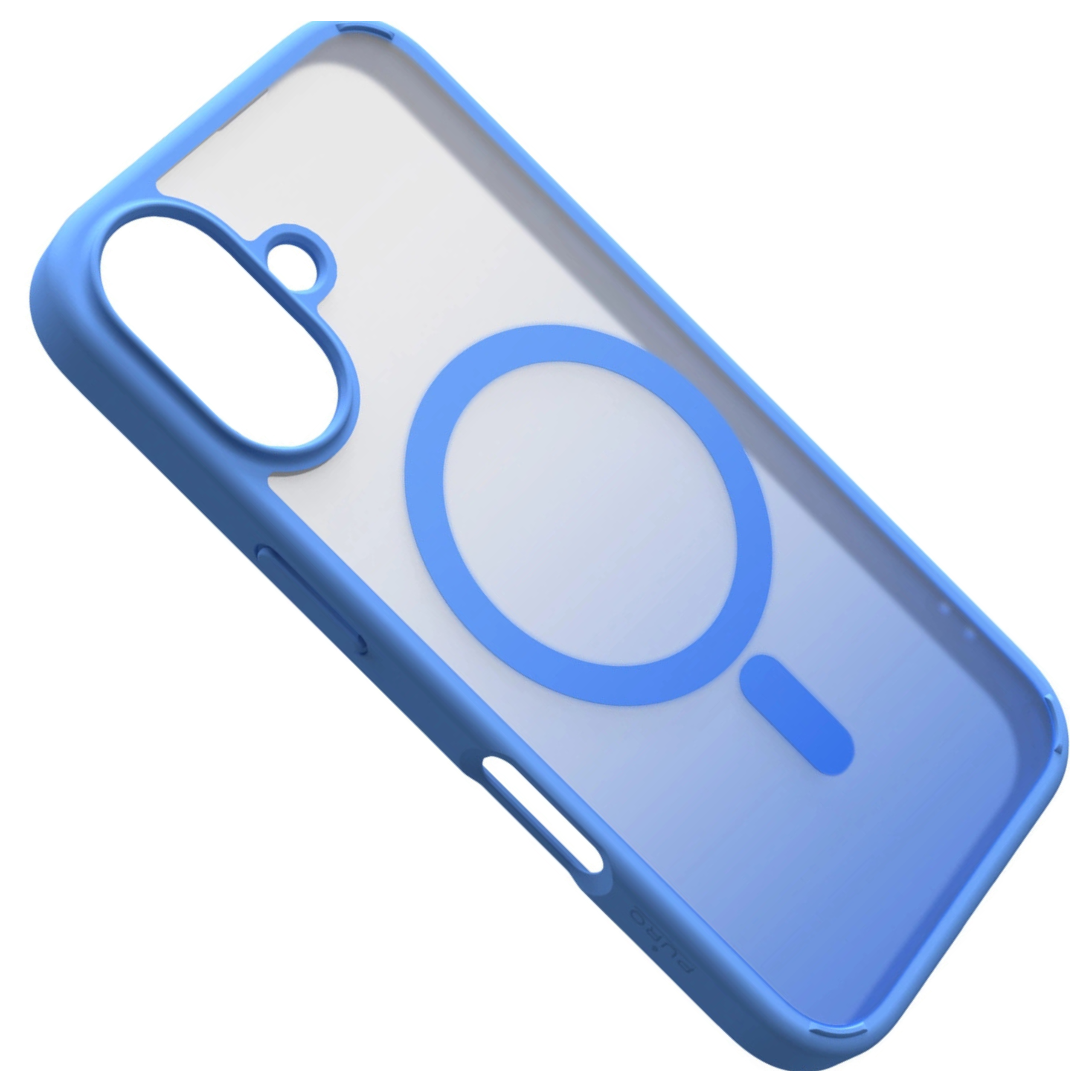 Eine blaue Handyhülle mit durchsichtigem Rücken und kreisförmigem Design. Sie hat Aussparungen für Kamera und Knöpfe.