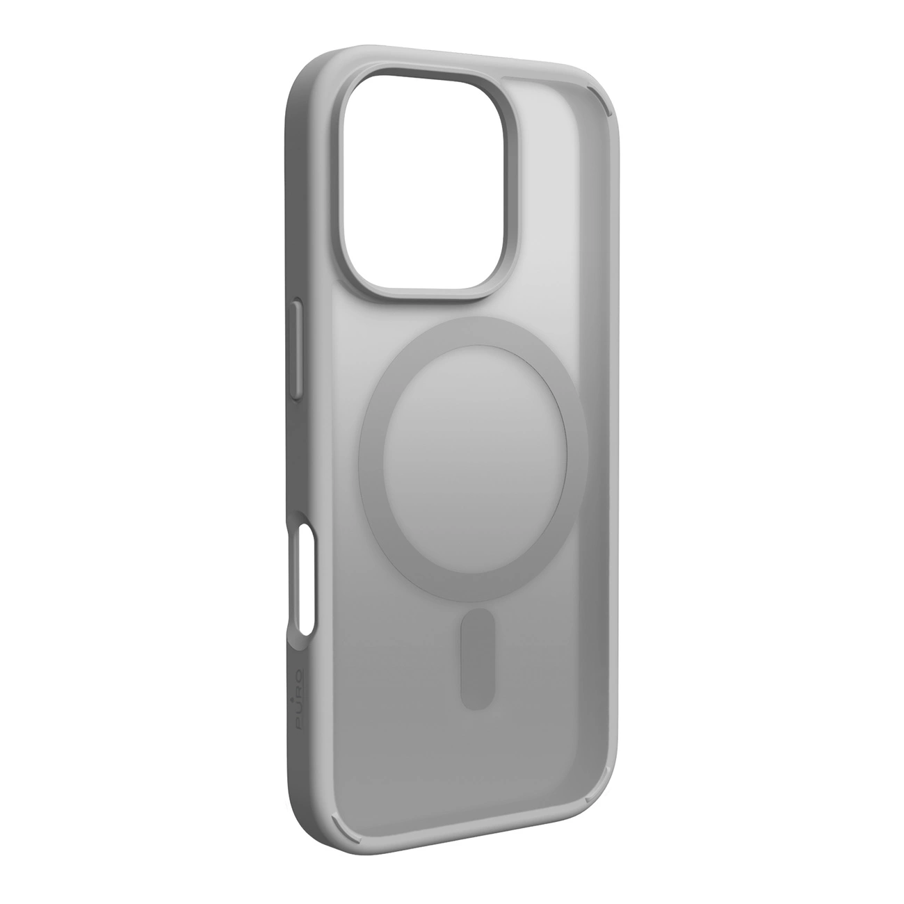 Una custodia grigia per telefono con un ritaglio per la fotocamera, un'indentazione circolare e una barra verticale. La custodia è in plastica trasparente.