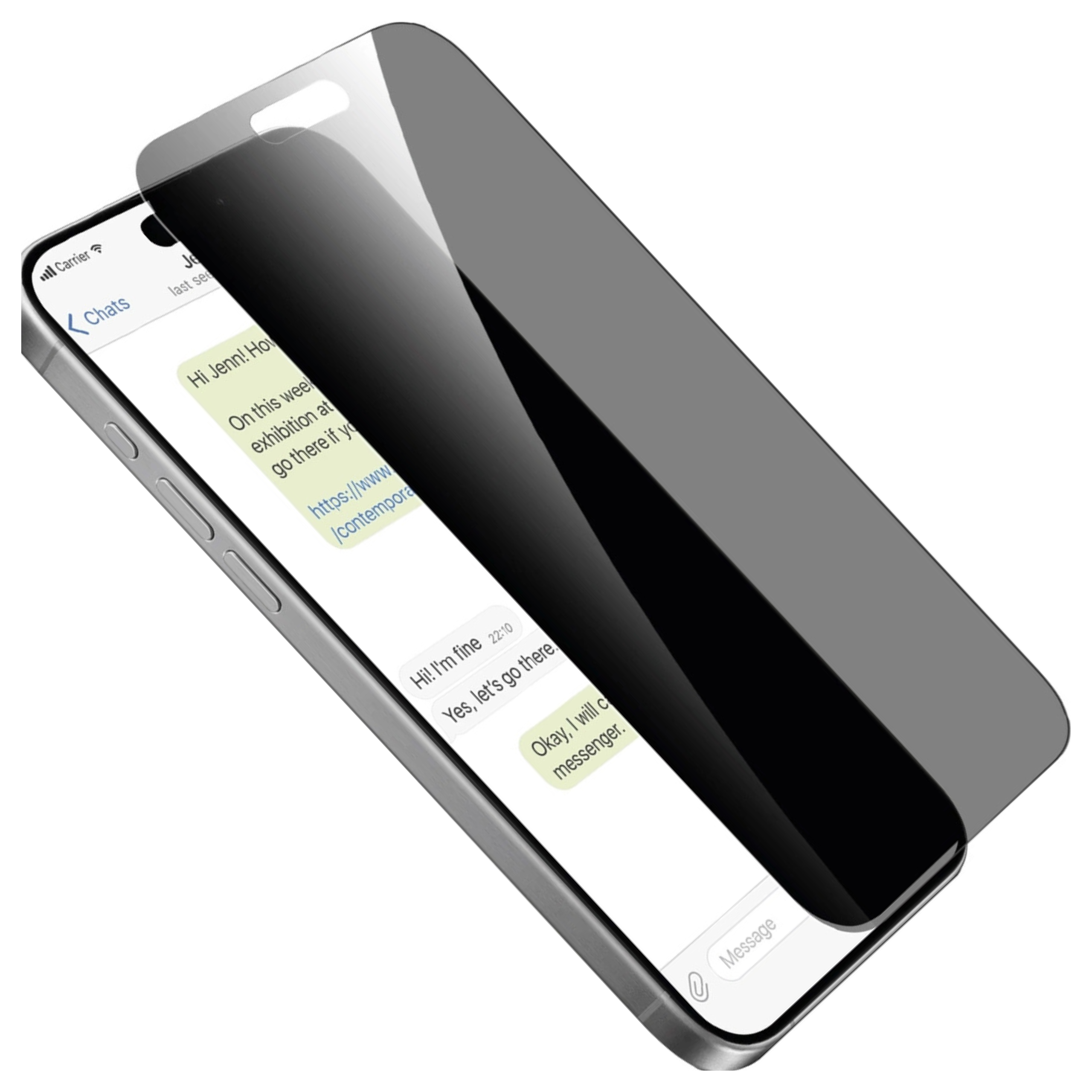 Smartfon z ochraniaczem ekranu wyświetlający konwersację na czacie. Ochraniacz jest ciemny.