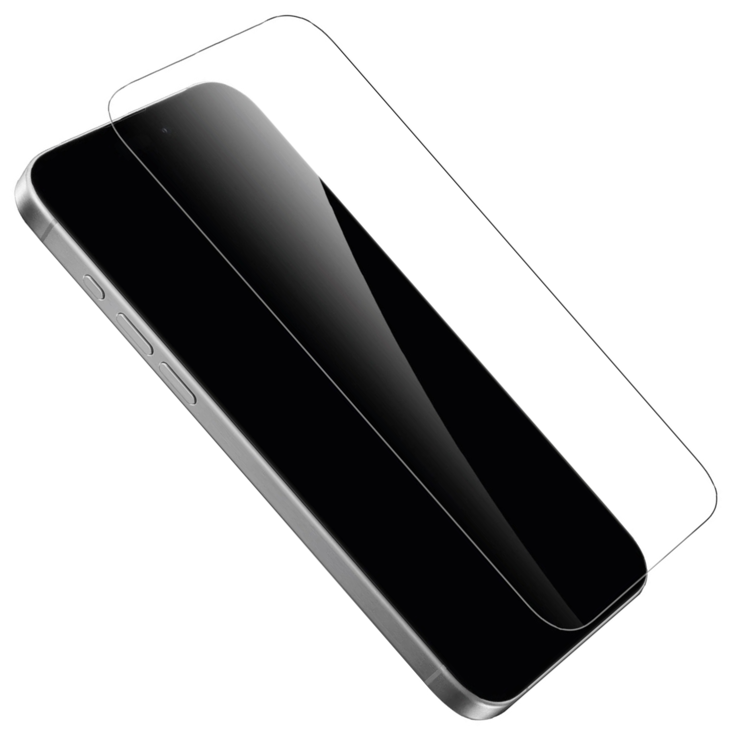 Smartfon z nałożoną ochroną ekranu. Telefon jest srebrny, ekran czarny, a ochrona przezroczysta.