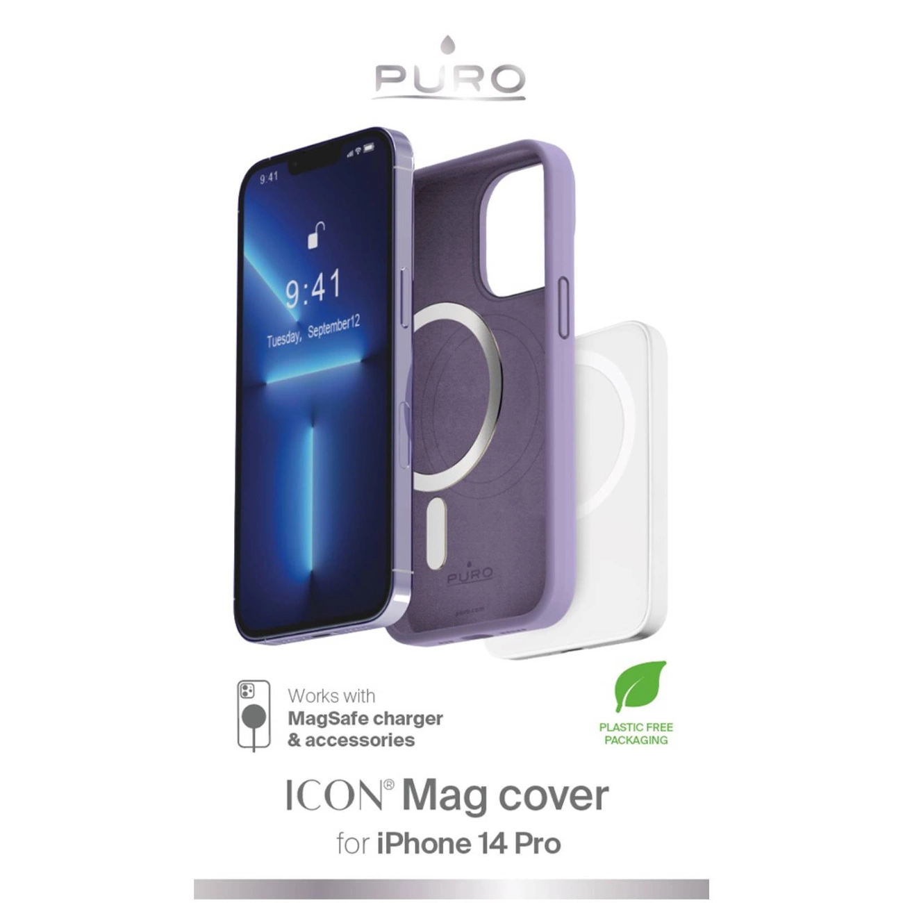 Un iPhone 14 Pro, una custodia viola e un caricabatterie sono mostrati. Il testo dice 'ICON Mag cover per iPhone 14 Pro' e 'Imballaggio senza plastica'.