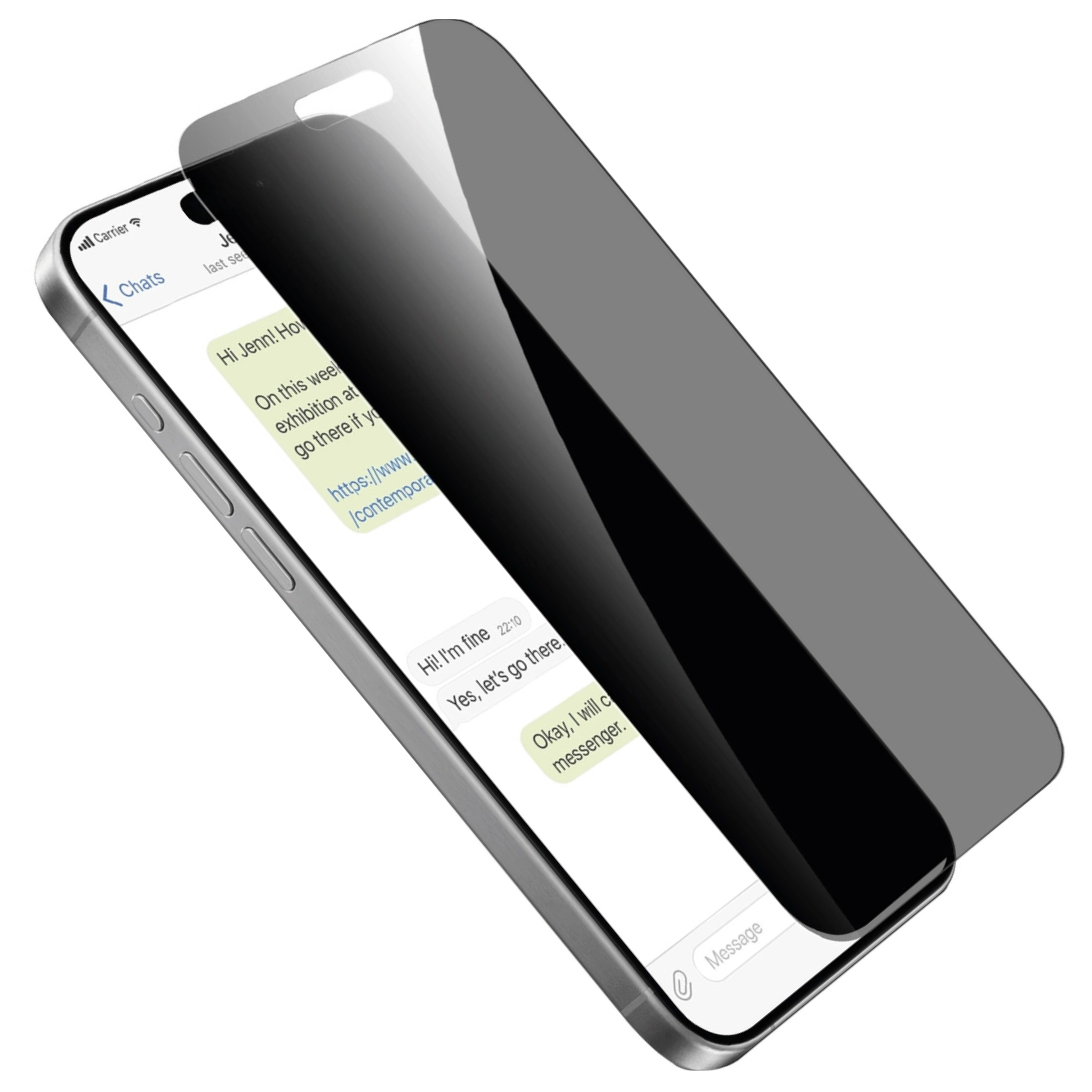 Telefon z ochroną ekranu wyświetlającą konwersację na czacie. Ochraniacz jest ciemnoszary.