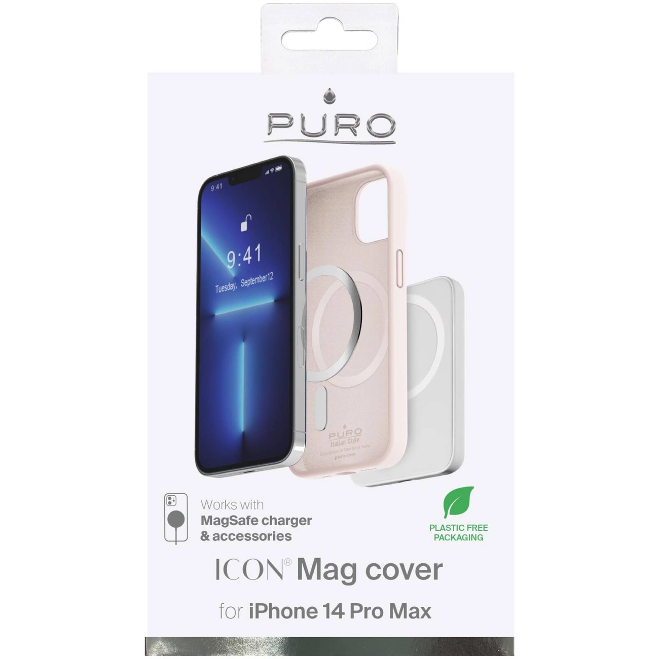 Confezione per iPhone 14 Pro Max. Mostra un telefono, una custodia rosa e un caricabatterie MagSafe bianco. Il marchio è PURO.
