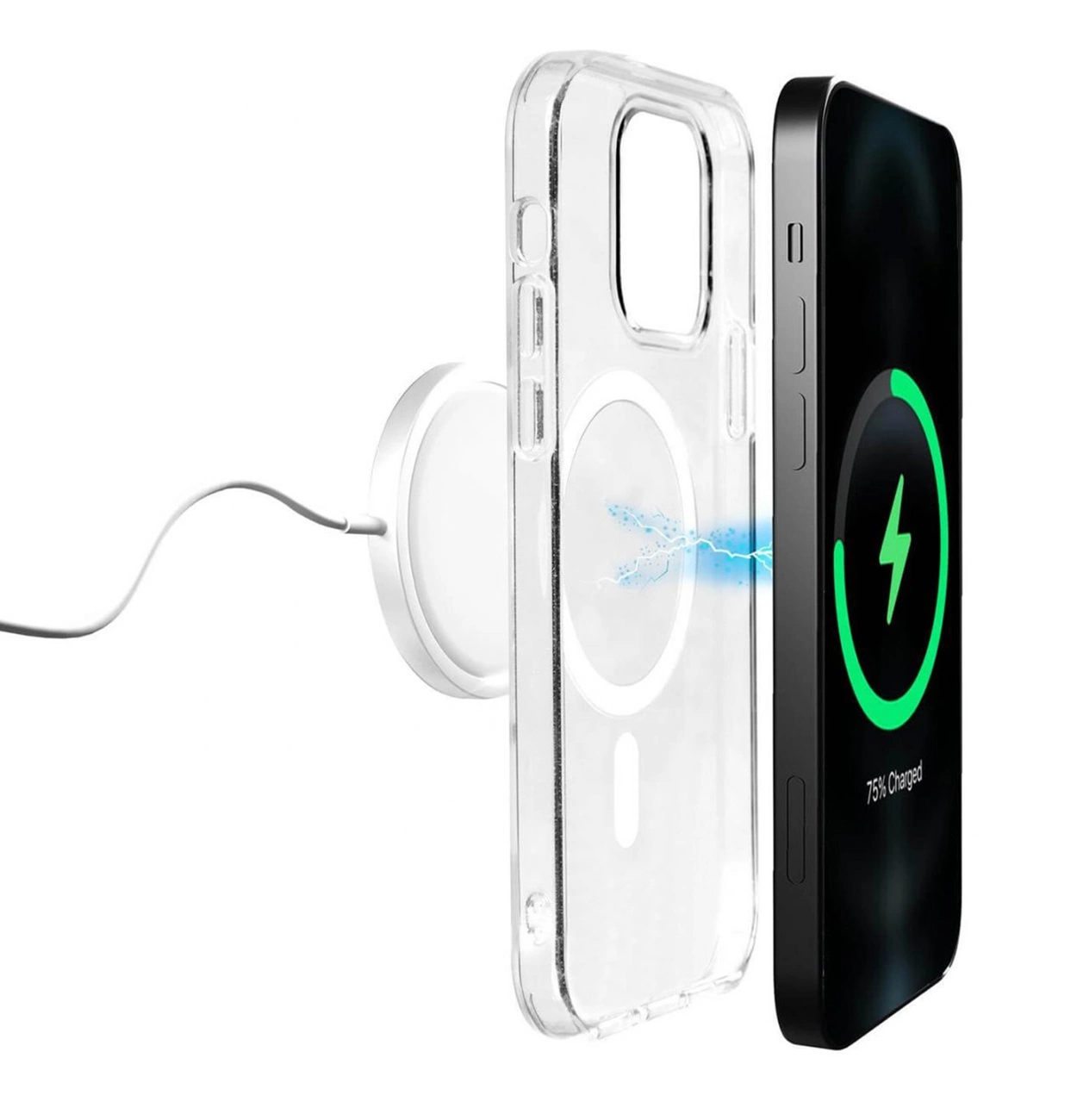 Ricarica wireless del telefono. Custodia, caricatore e telefono visibili. Il telefono mostra un simbolo di carica con il 75% di carica.