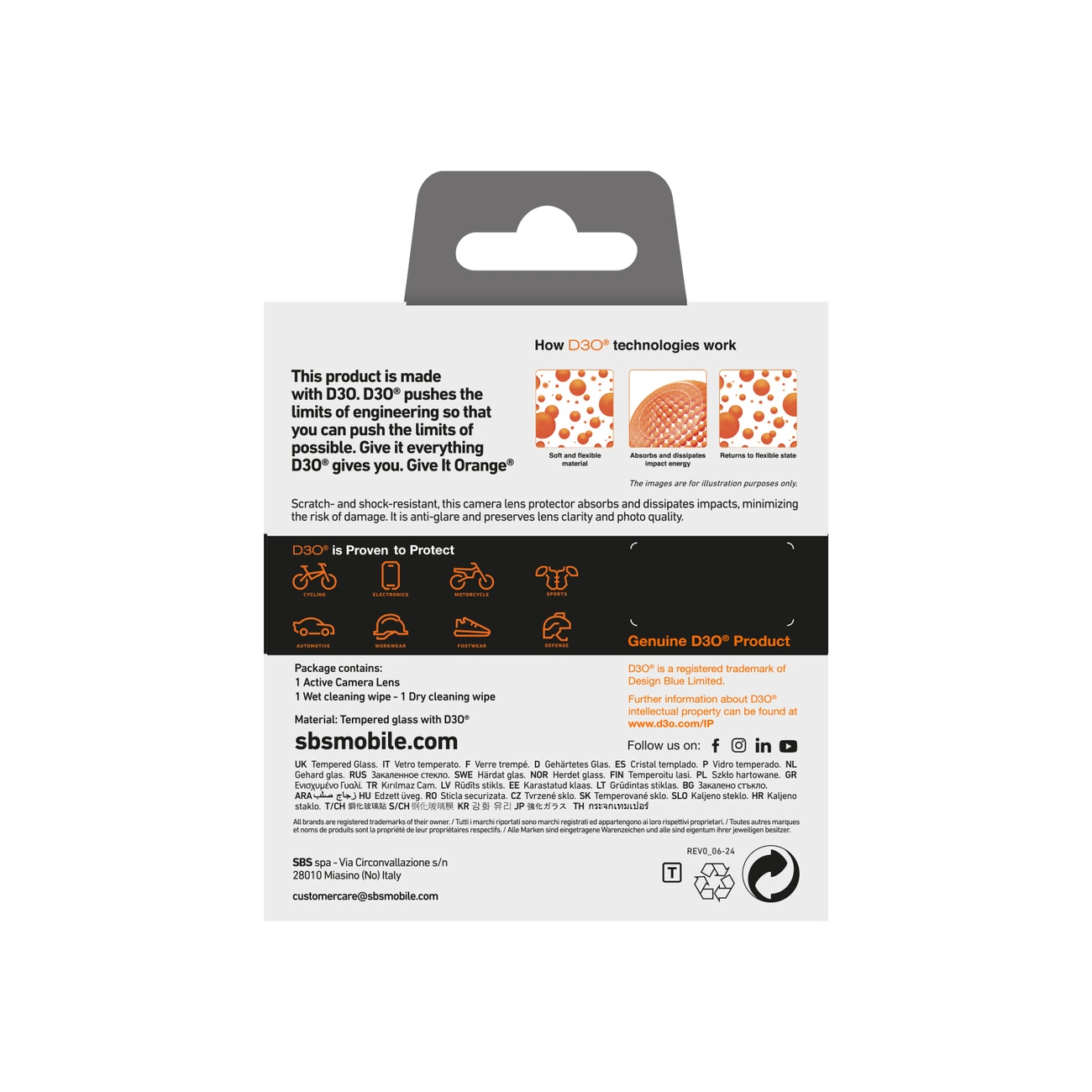 Białe opakowanie produktu z tekstem, pomarańczowymi ilustracjami i ikonami. Zawiera obiektyw aparatu i chusteczki.