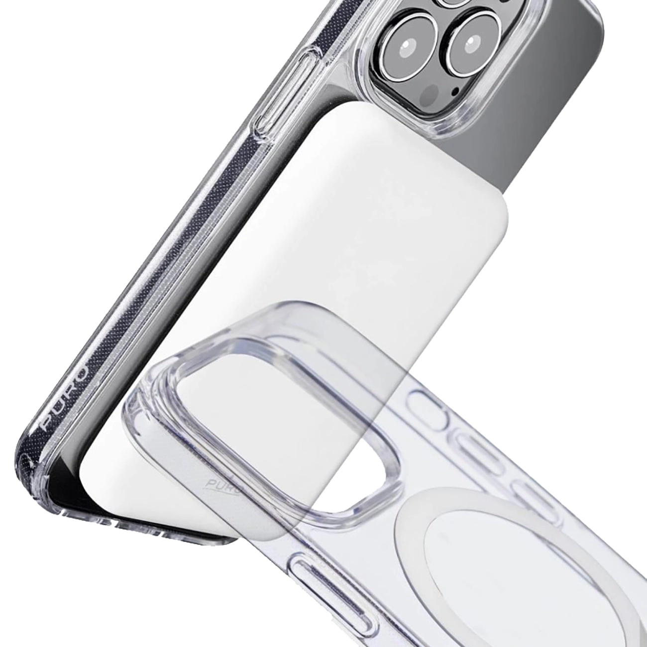 Custodia trasparente per telefono. La custodia è angolata, mostrando le lenti della fotocamera e il marchio 'PURO'. L'interno è un rettangolo bianco.