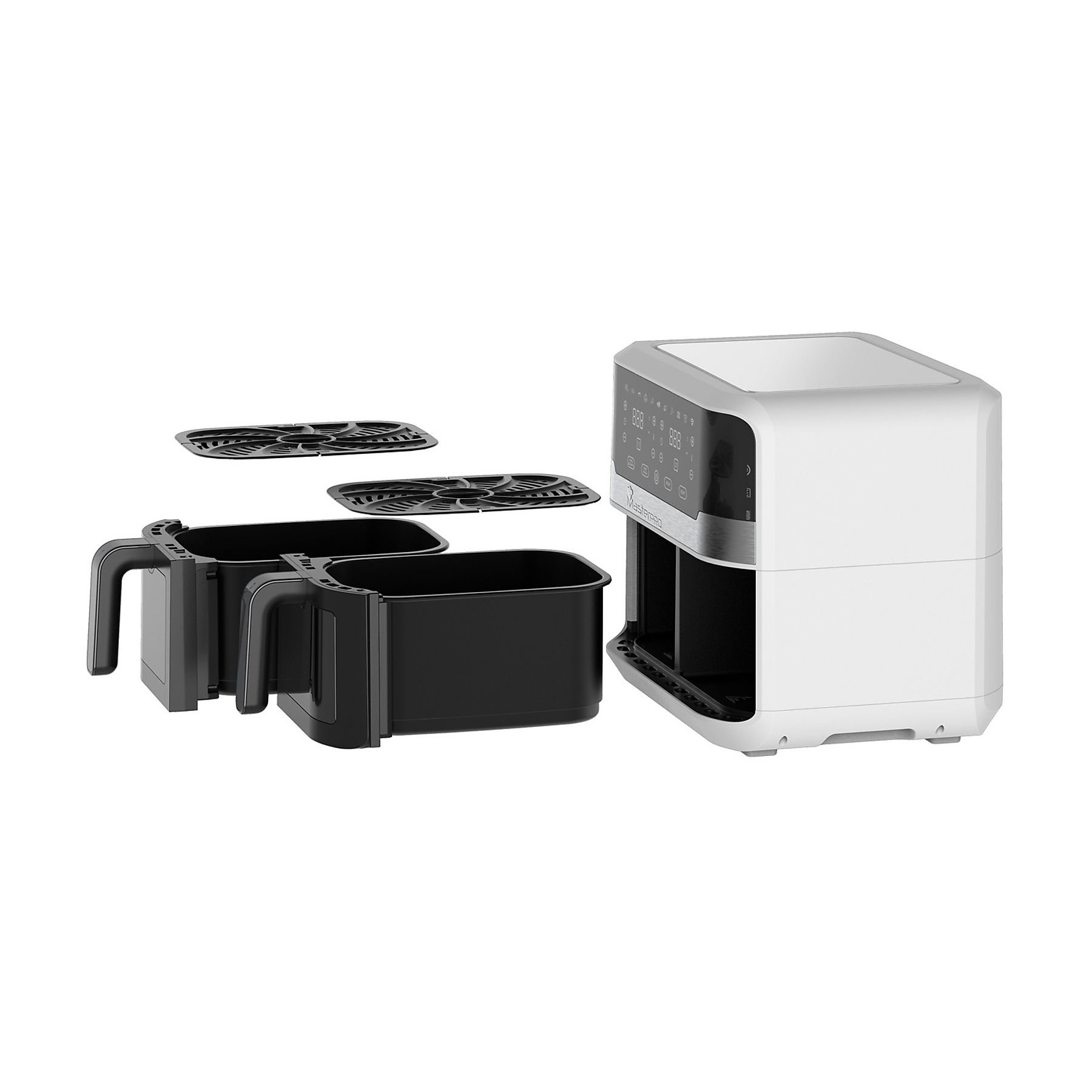 Una friggitrice ad aria bianca con due cestelli neri e due inserti per griglia neri. Display digitale visibile.