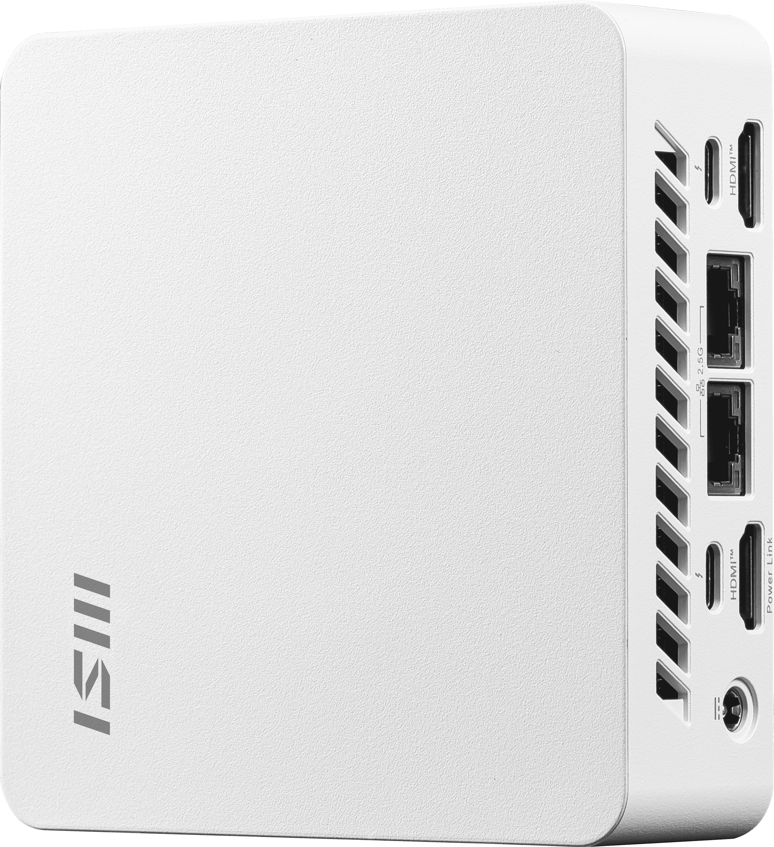 Mini PC bianco con più porte e il logo MSI. Presenta porte HDMI, Ethernet e di alimentazione. Superficie strutturata.