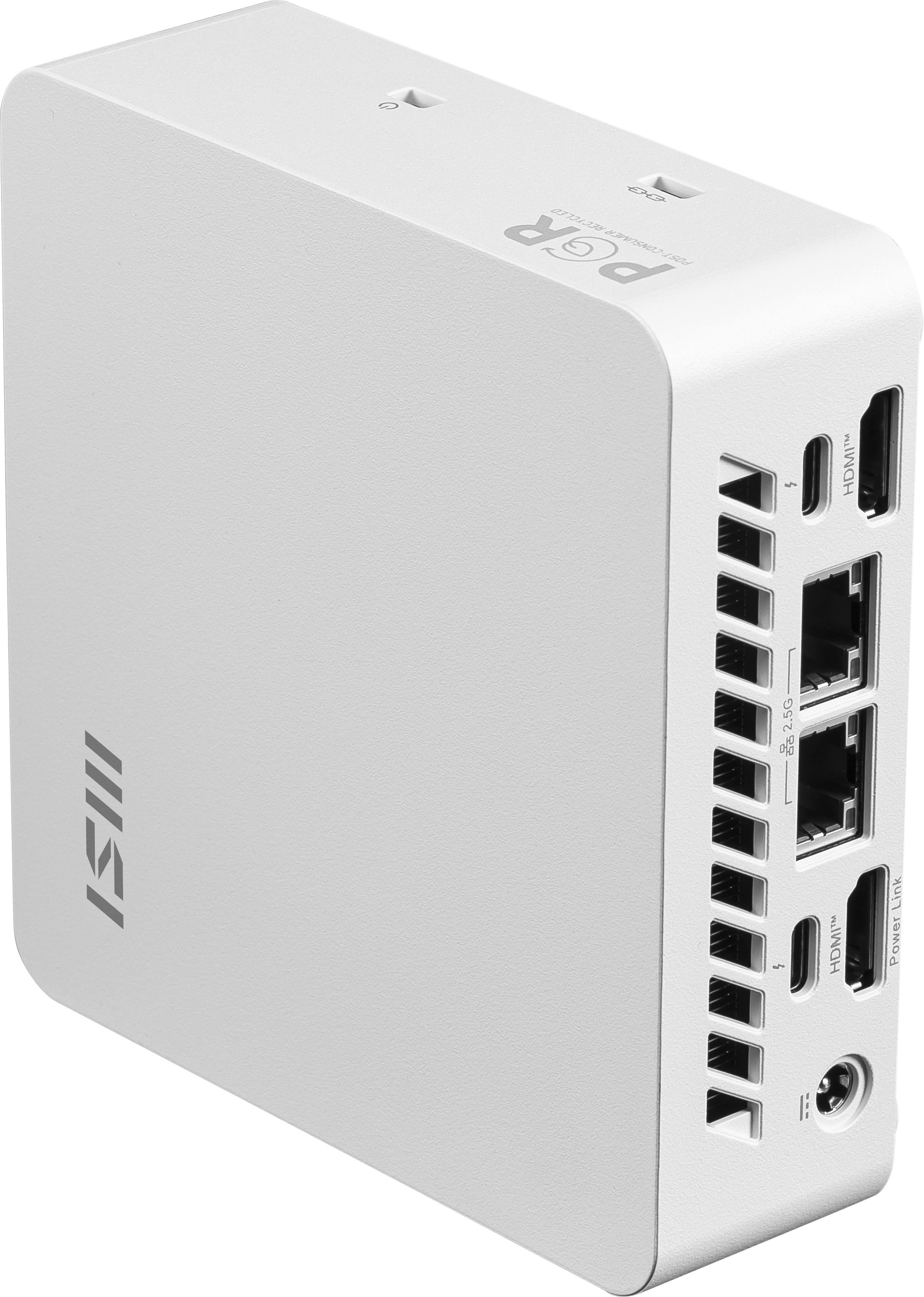 Mini PC MSI PGR bianco con più porte, tra cui HDMI, Ethernet e alimentazione. Il dispositivo è compatto.