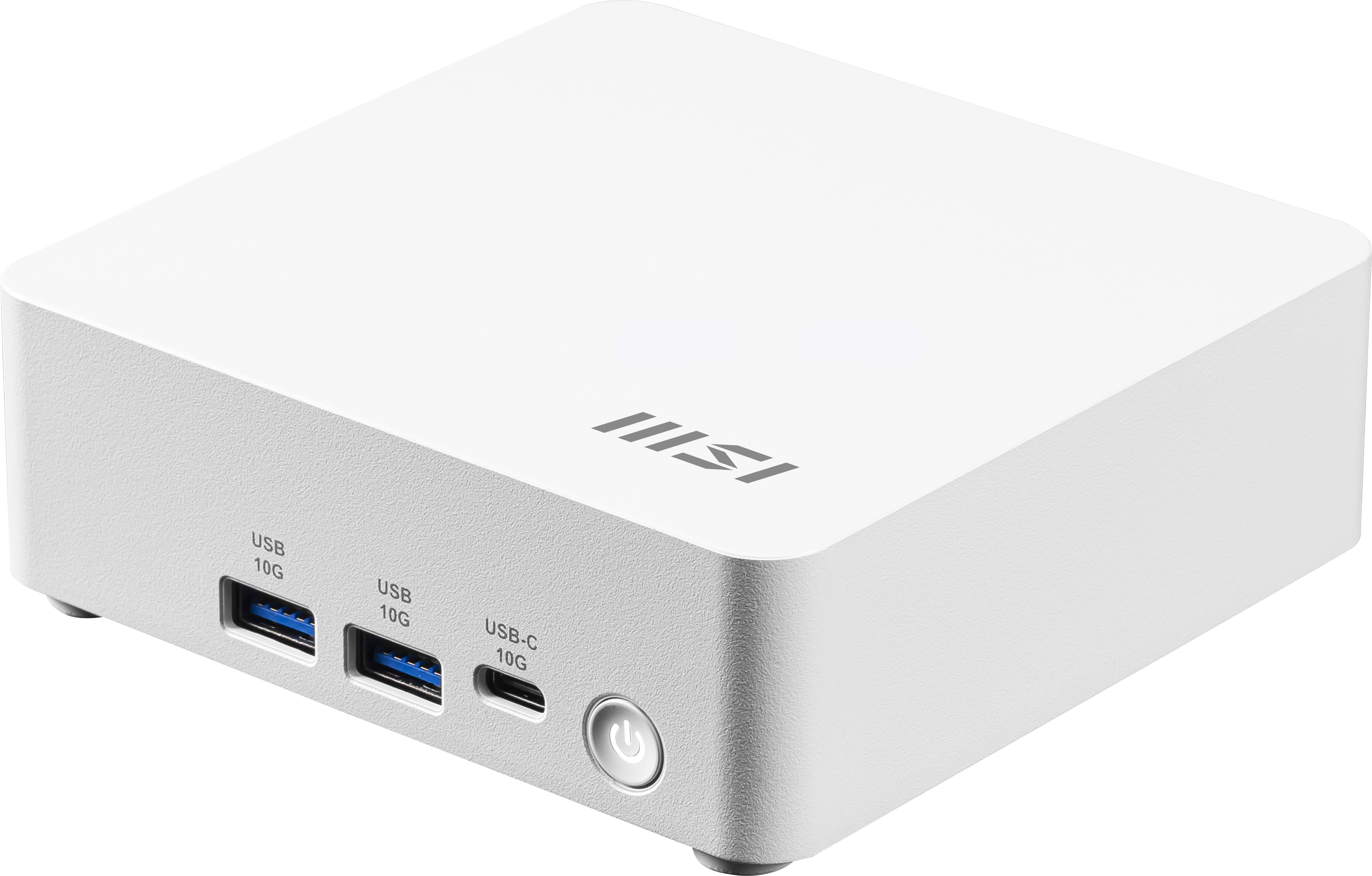 Un computer bianco con porte e pulsante di accensione. Ha un logo sulla parte superiore.