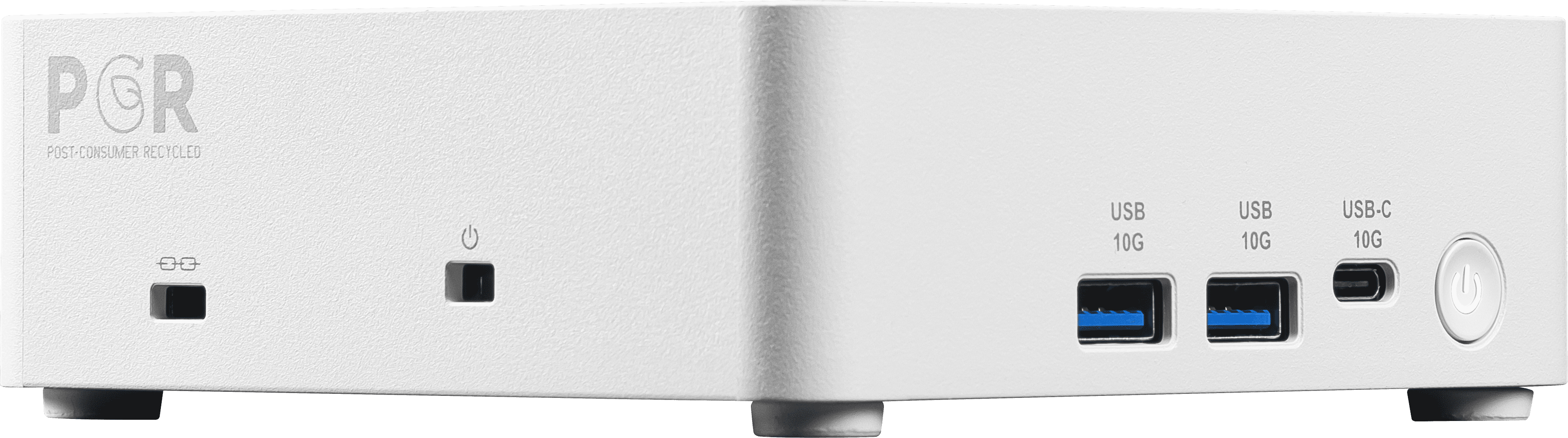 Un computer bianco con porte, pulsante di accensione e logo 'PGR POST-CONSUMER RECYCLED'.
