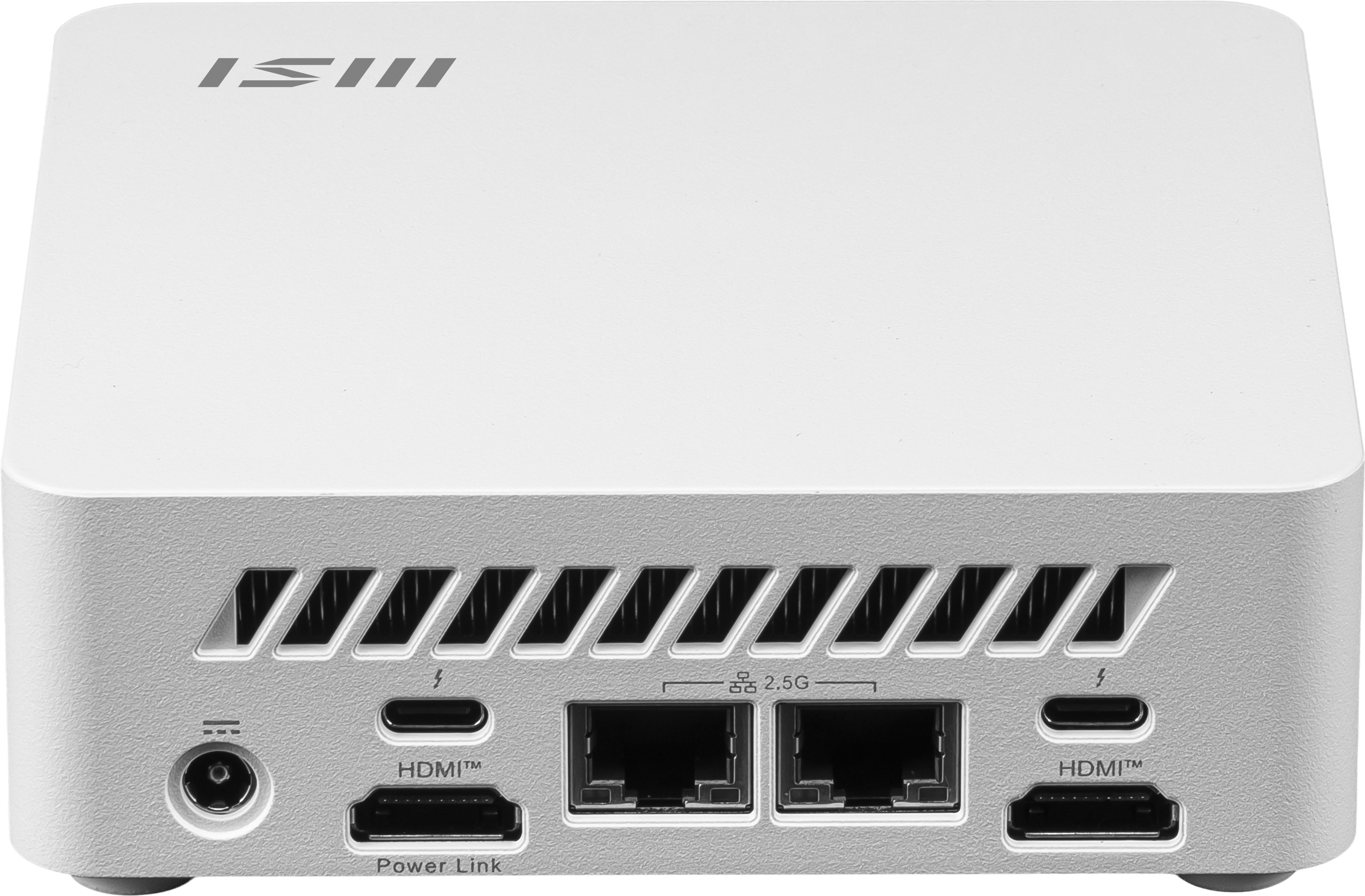 Un mini computer bianco con varie porte. Include HDMI, USB-C e connessioni di alimentazione. La parte superiore ha un logo.