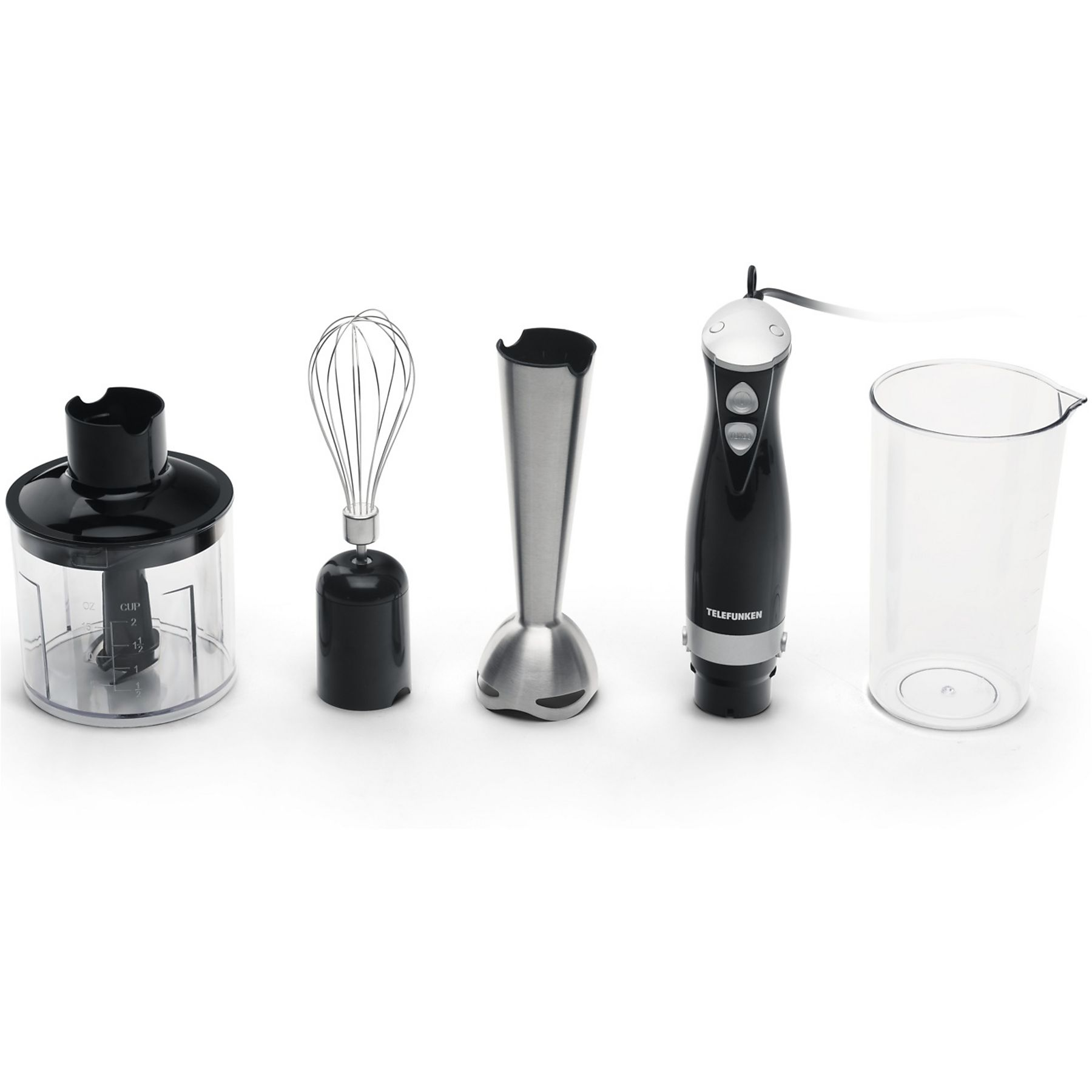 Un set di frullatore elettrico Telefunken con accessori multipli, tra cui una frusta, lame e un misurino, su sfondo bianco.